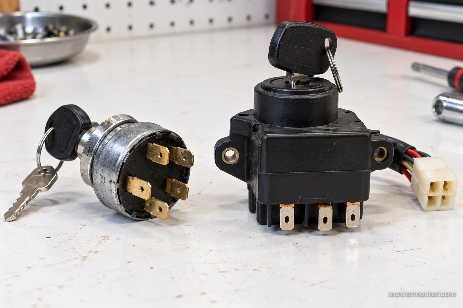 Troy-Bilt ignition module switch compared side by side with a 5-pin key switch