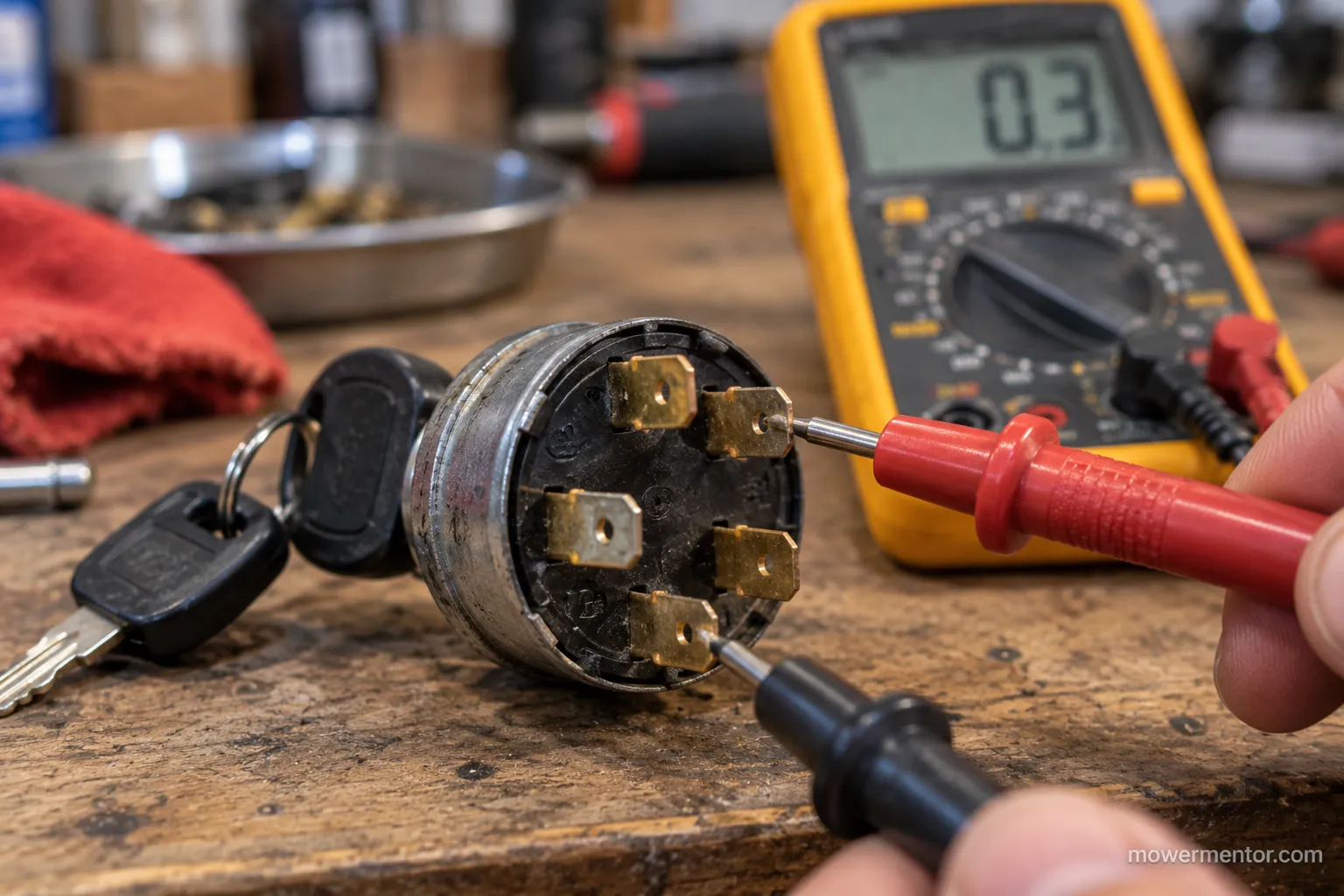 Troy-Bilt lawn mower ignition switch terminals being tested for continuity with a multimeter