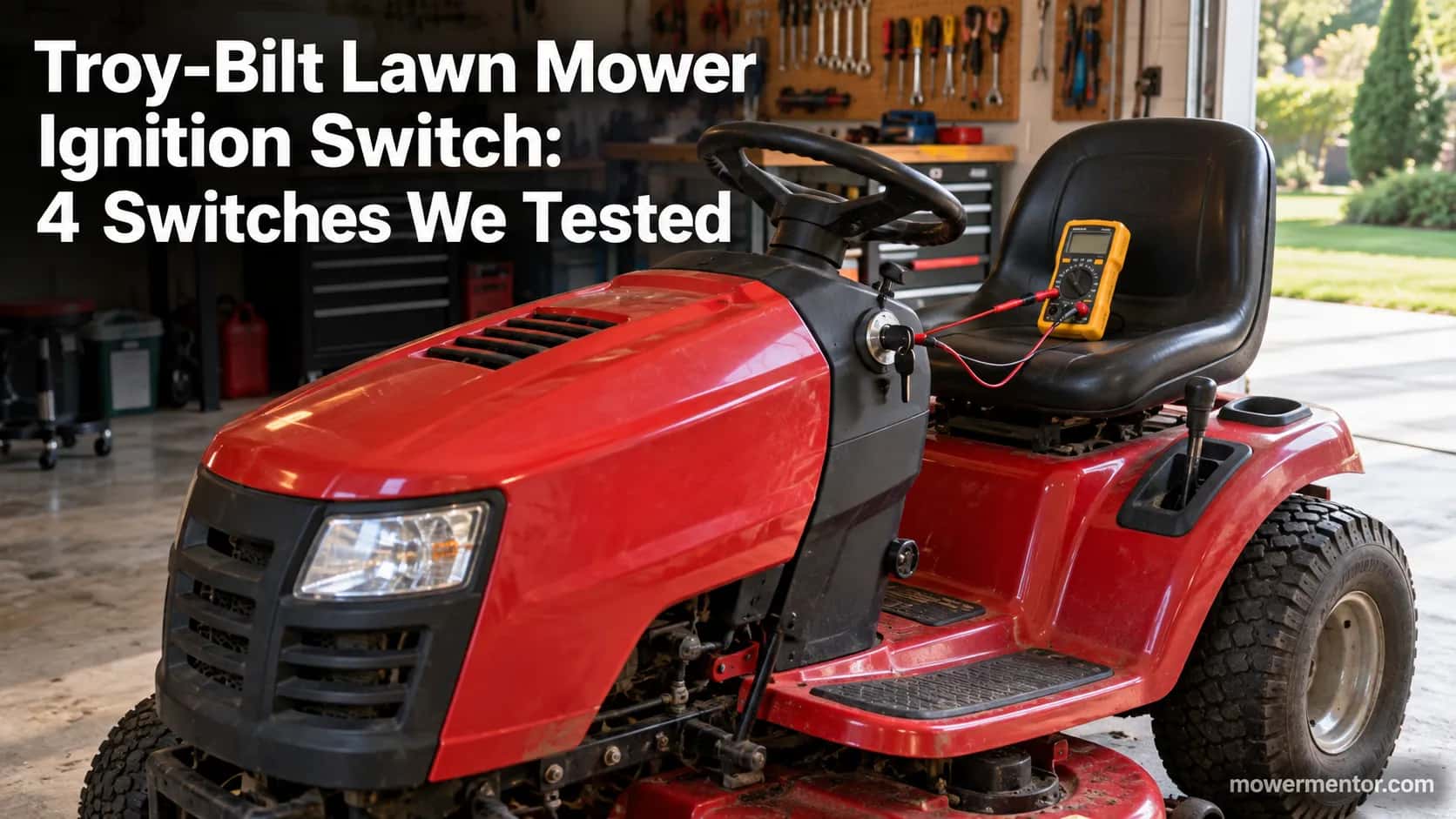Troy-Bilt riding mower ignition switch being tested with a multimeter on the dashboard