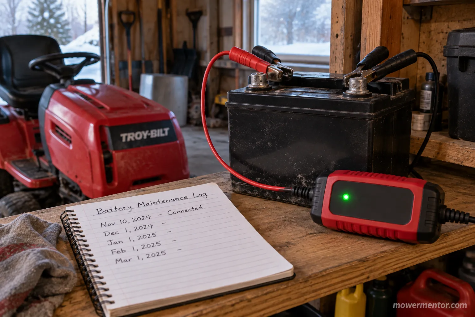 Troy-Bilt riding mower battery on a maintainer for off-season storage