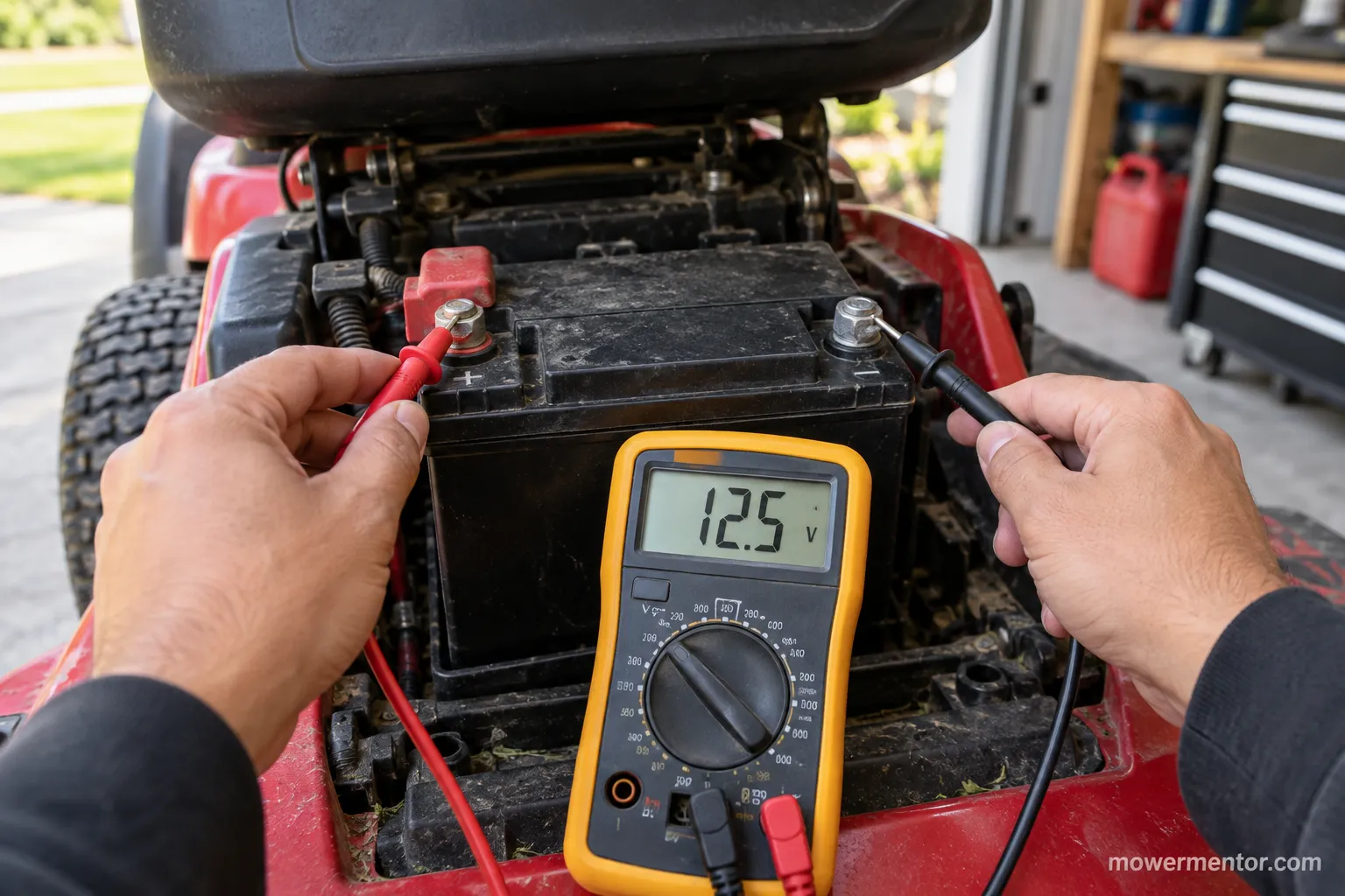 Digital multimeter reading just above twelve volts across a Troy-Bilt riding mower battery before solenoid testing.