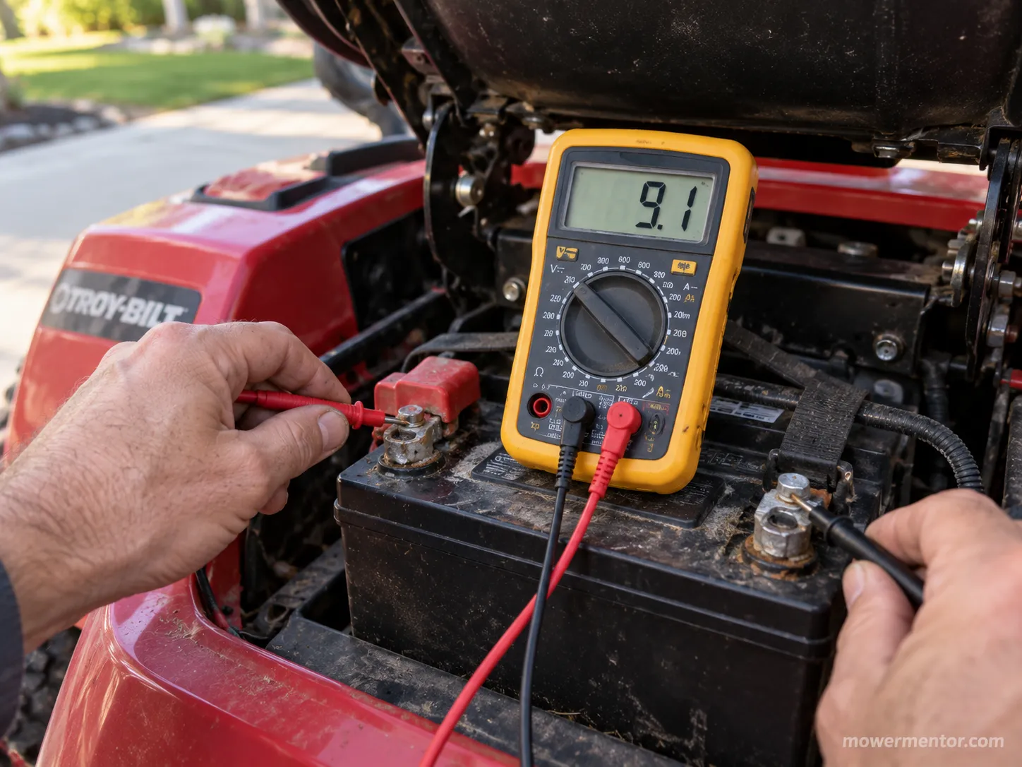 Testing a Troy-Bilt riding mower battery voltage under load with a multimeter.