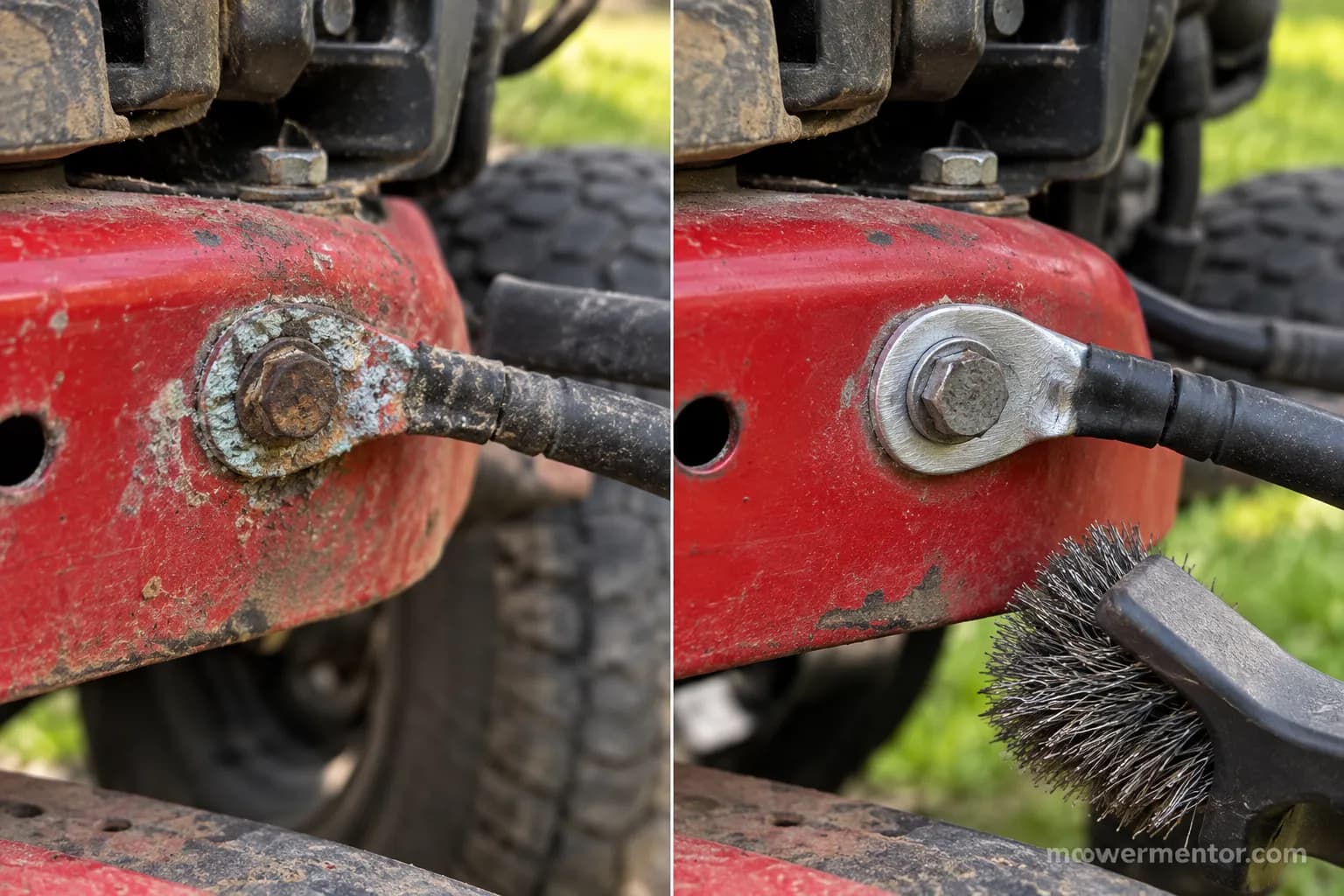 Cleaning a corroded ground lug on a Troy-Bilt riding mower.
