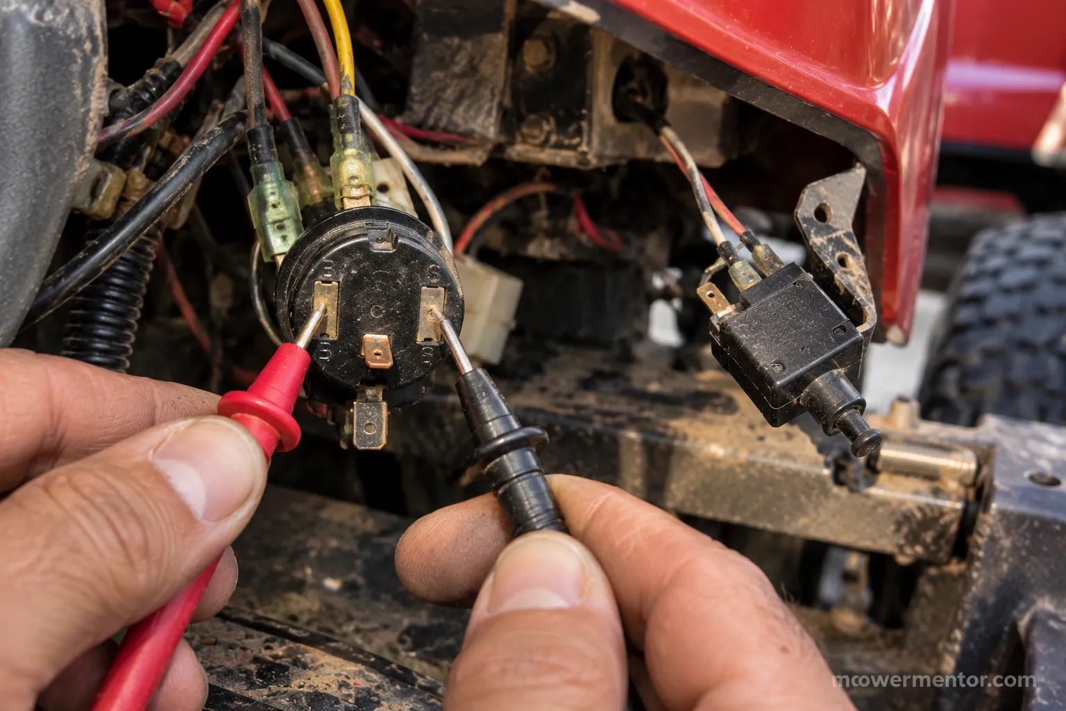 Testing the key switch terminals on a Troy-Bilt riding mower that won't start with no clicking