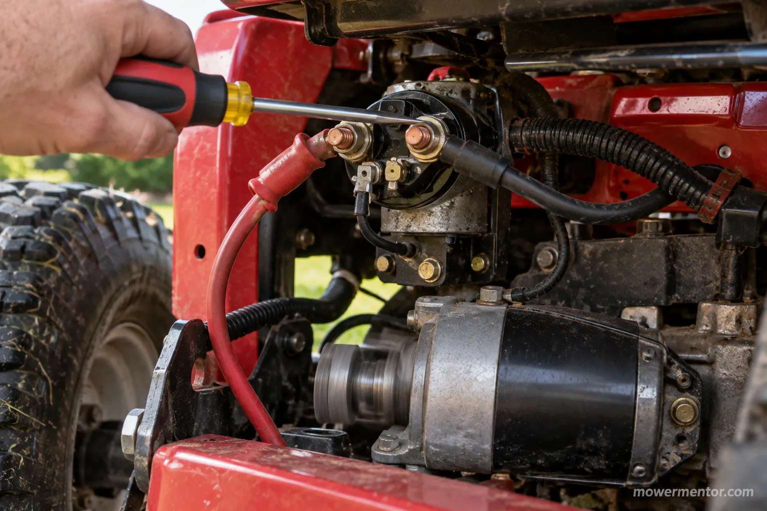 Bridging a Troy-Bilt starter solenoid with a screwdriver to test it.