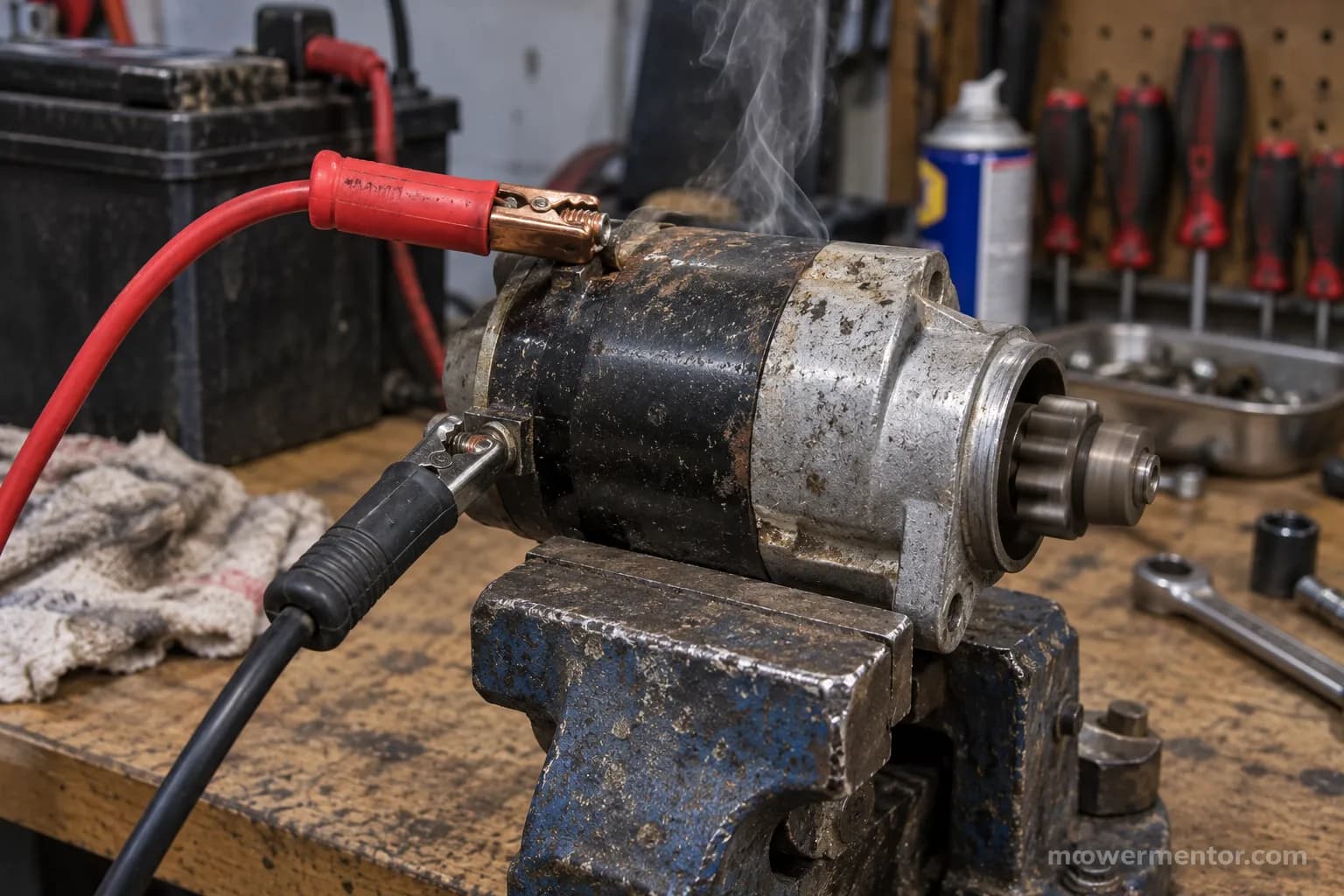 Bench-testing a Troy-Bilt riding mower starter motor with 12 volts.
