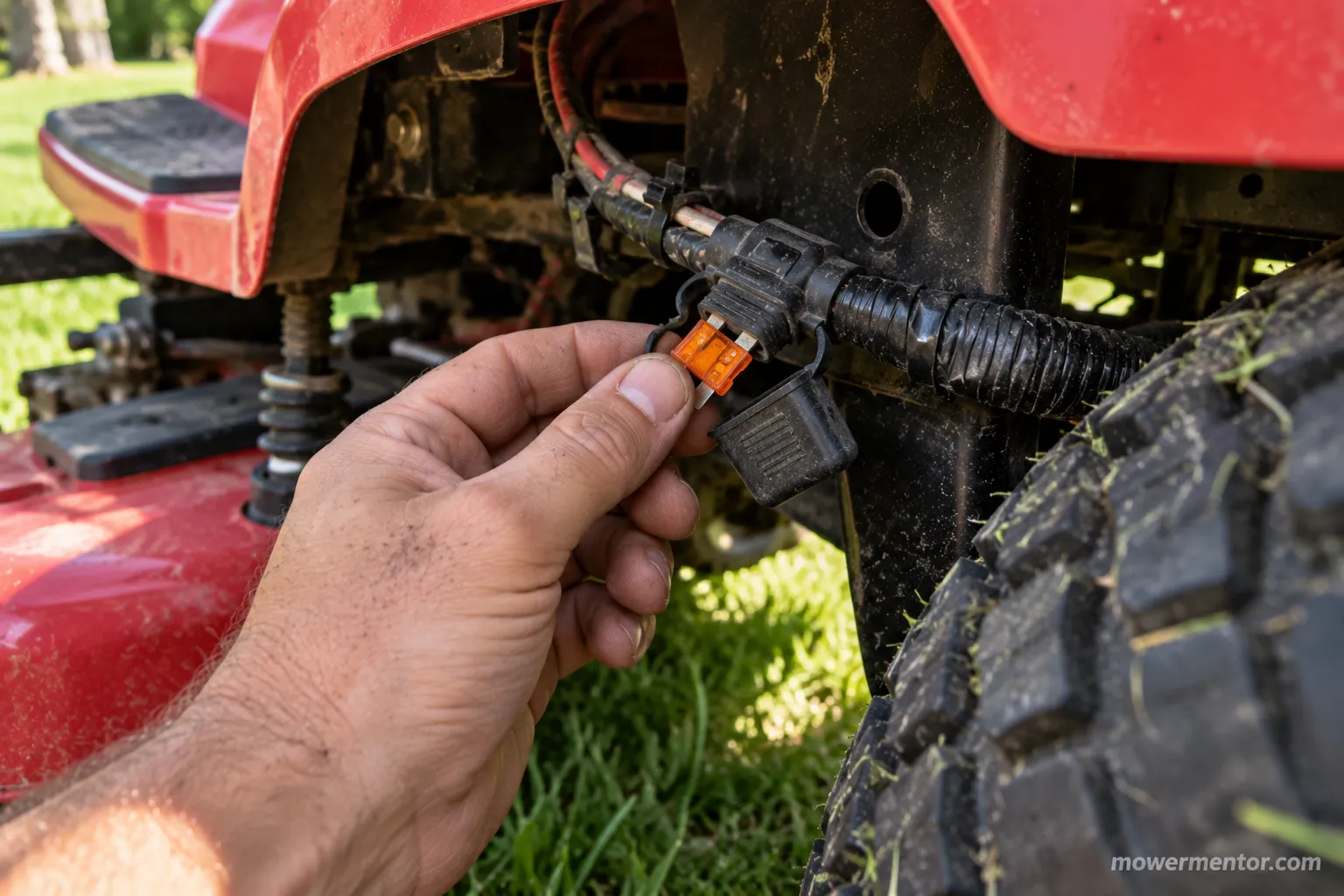 Where the fuse is located on a Troy-Bilt Pony riding mower.
