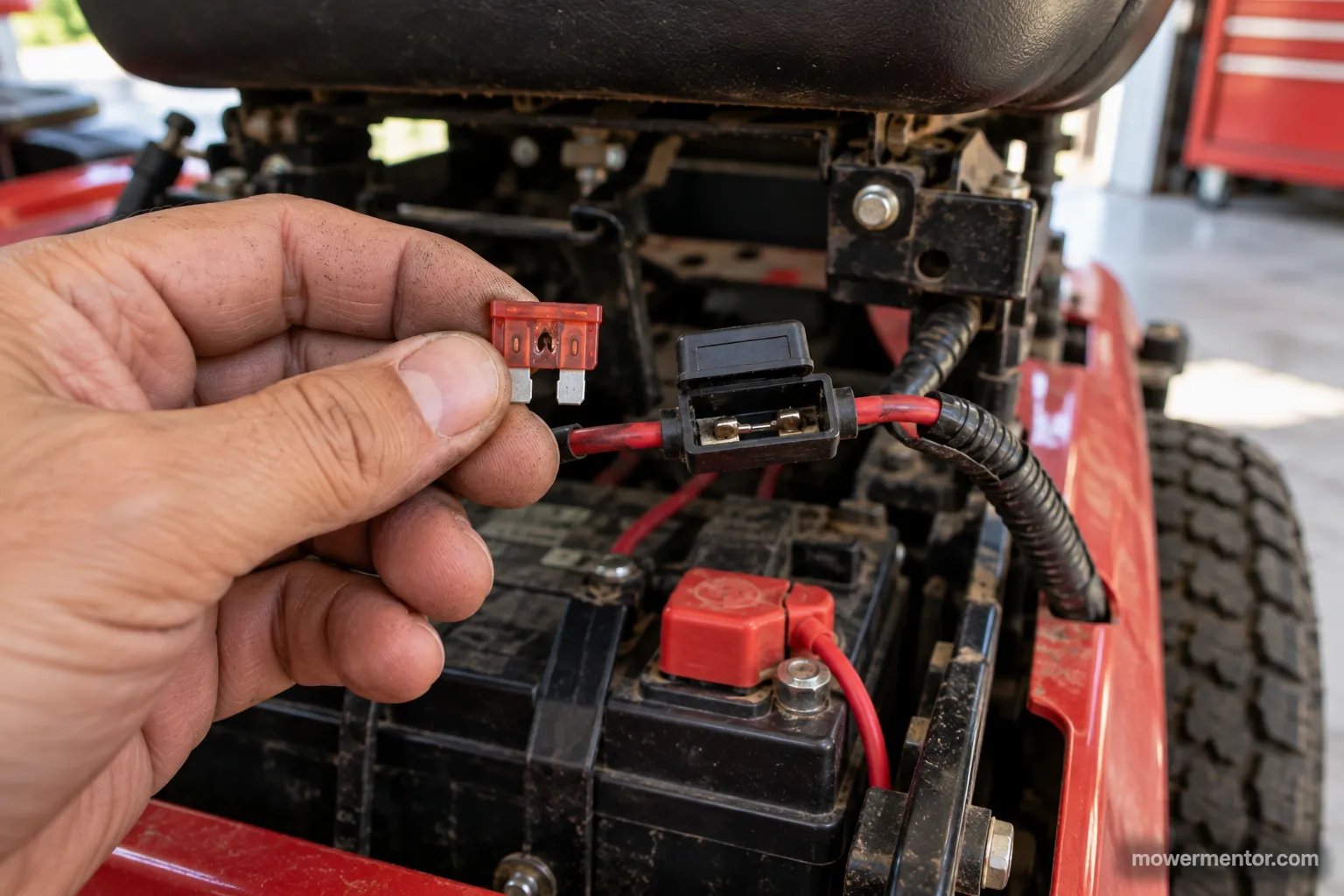 Blown 20-amp inline fuse held next to its holder under a Troy-Bilt riding mower seat