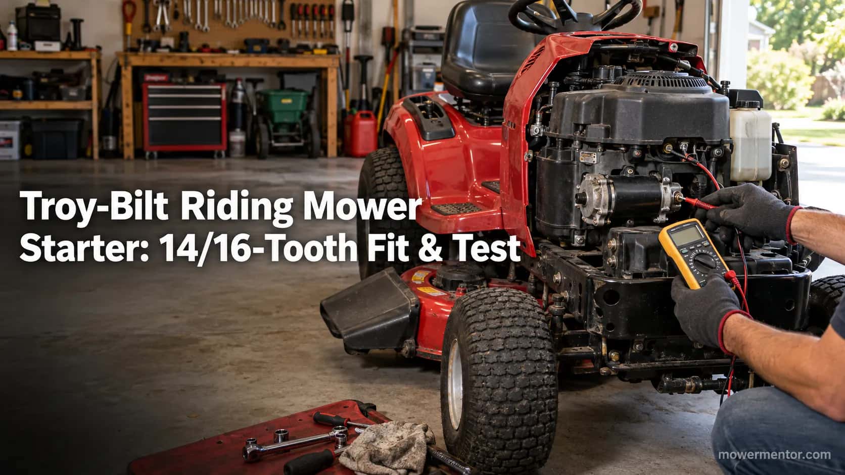 Troy-Bilt riding mower starter being tested with a multimeter in a home garage