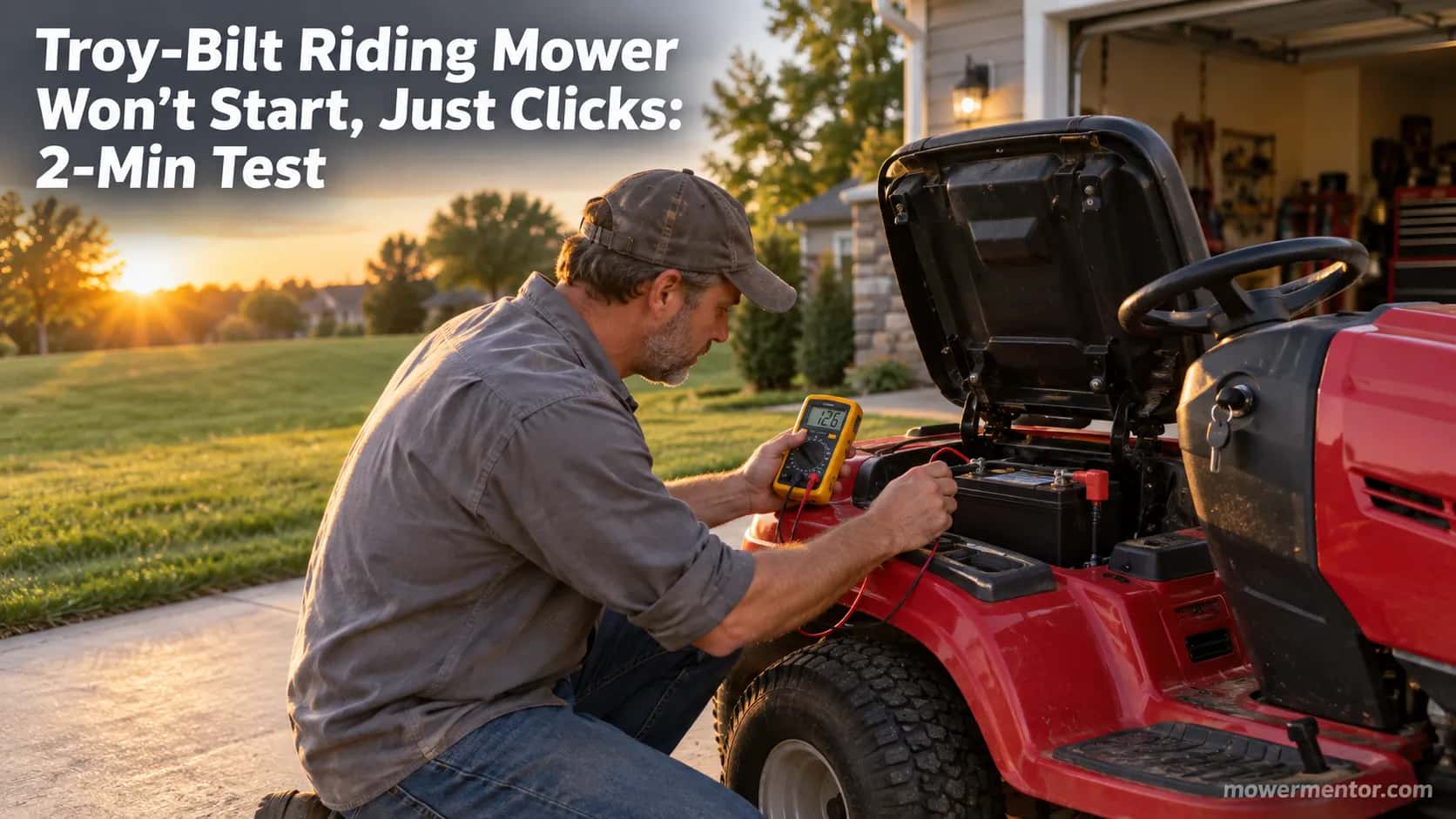 Homeowner testing the battery on a Troy-Bilt riding mower that won't start and just clicks.