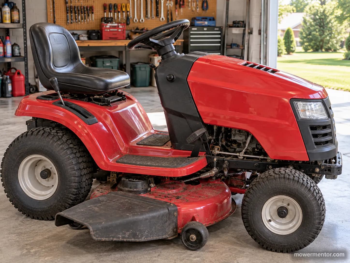 Right-side view of a Troy-Bilt riding mower showing brake, seat, and PTO switch locations