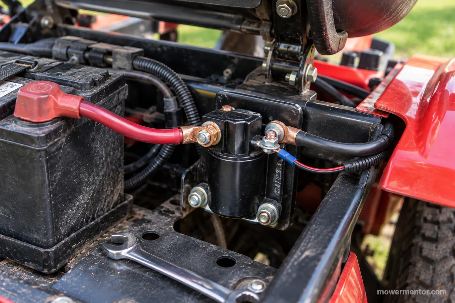 Newly installed starter solenoid wired to the frame bracket of a Troy-Bilt riding mower after replacement.