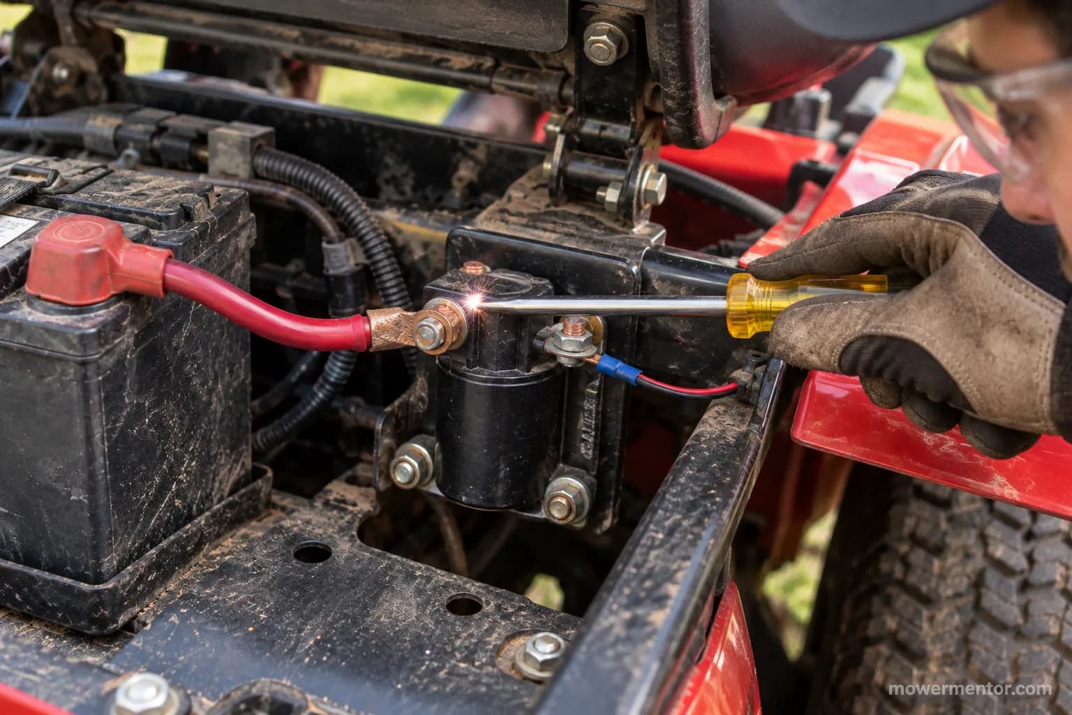 Insulated screwdriver bridging both large posts of a Troy-Bilt starter solenoid with a small spark during the bypass test.