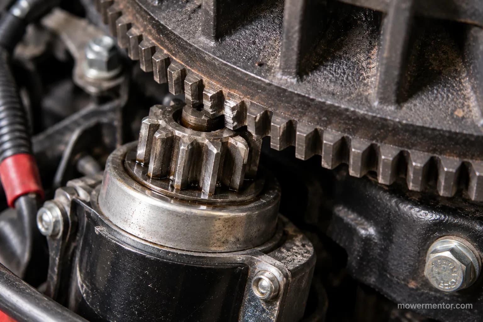 Troy-Bilt starter pinion gear meshing the flywheel ring gear teeth.