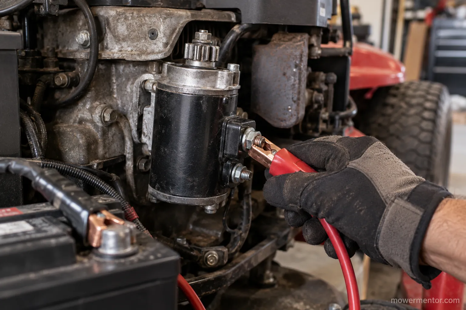 Jumping 12 volts to a Troy-Bilt riding mower starter terminal to test it.