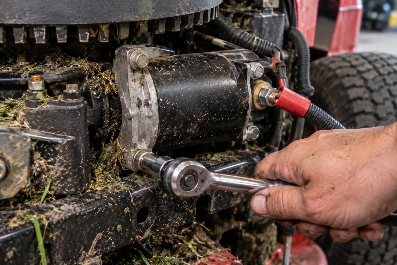 Removing the two bolts holding a Troy-Bilt riding mower starter