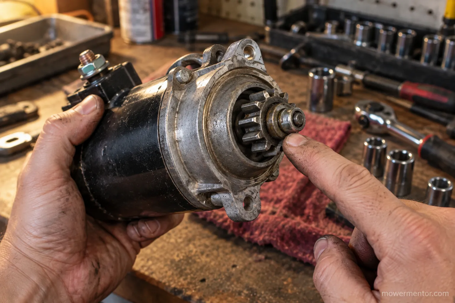 Counting the 14 teeth on a Troy-Bilt Briggs Intek starter drive gear.