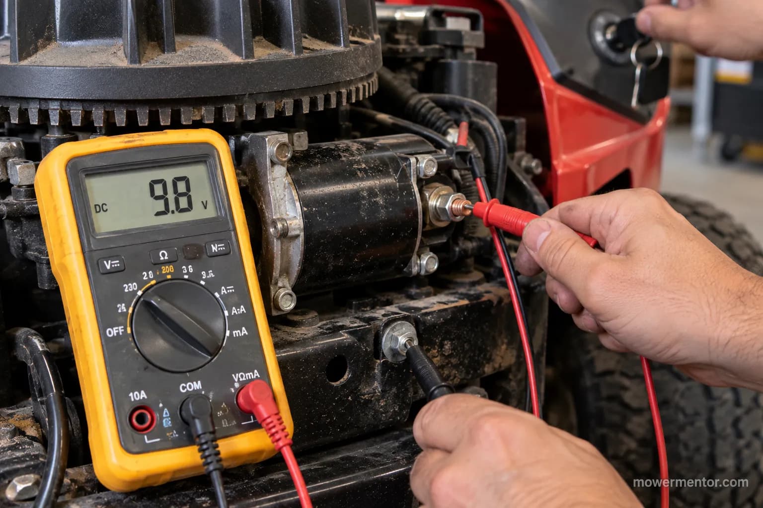 Multimeter showing voltage drop at a Troy-Bilt riding mower starter under load.
