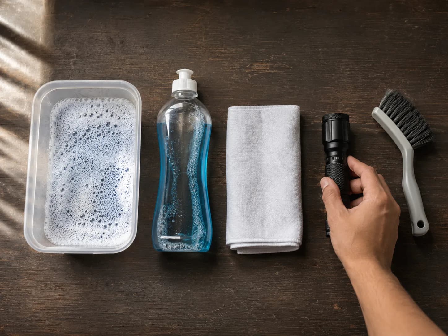 Flat lay of TV screen cleaning tools on a wooden bench, including soapy water, dish soap, a lint-free cloth, flashlight, and soft brush, with a hand placing the flashlight into position.