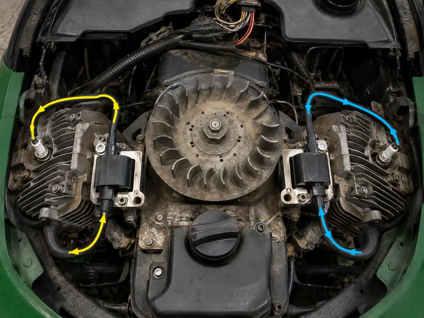 Overhead view of a twin-cylinder lawn mower engine with both ignition coils exposed and spark plug wires traced from each coil to the spark plugs, illustrating correct wire routing.