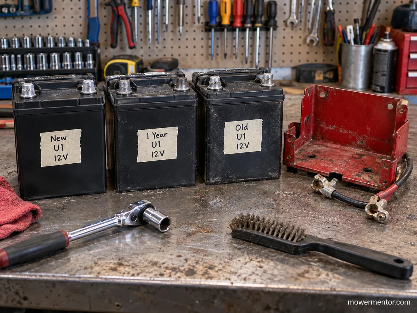 Three labeled U1 replacement batteries beside a Cub Cadet battery tray on a workbench
