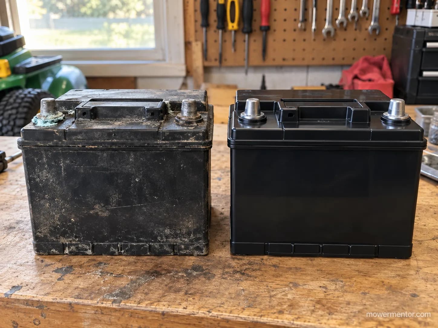 Old and new U1 John Deere riding mower batteries compared on a workbench