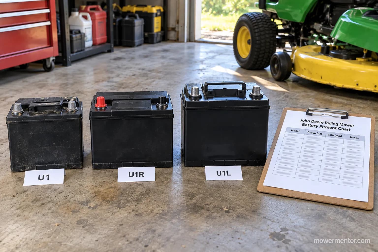U1 versus U1R terminal orientation for a John Deere mower battery