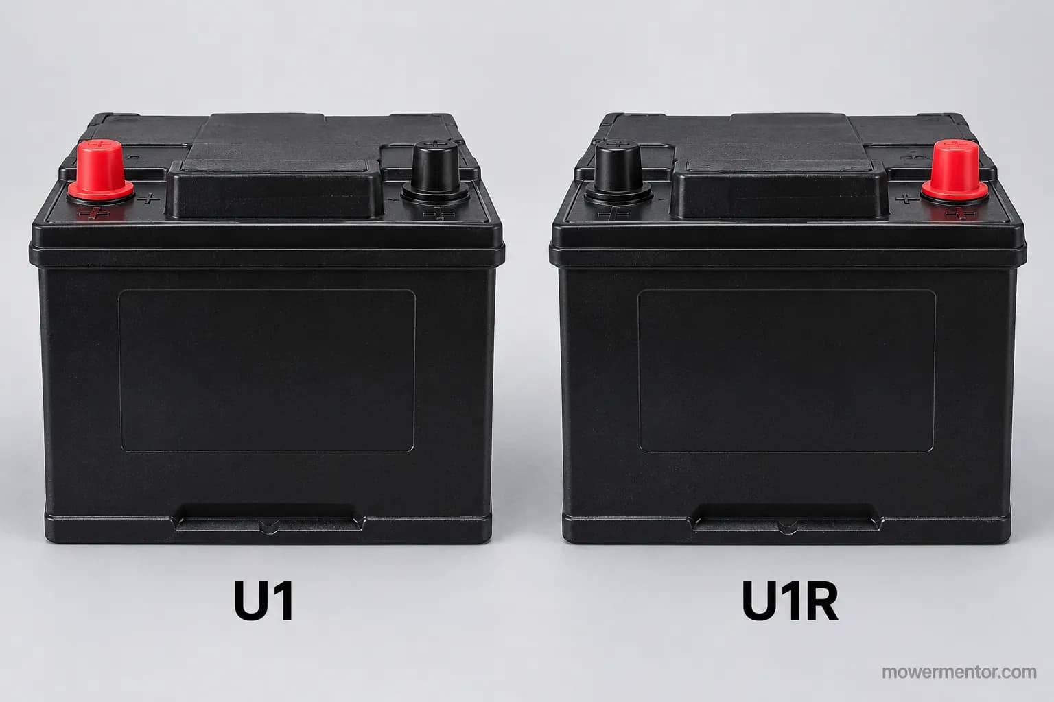 Diagram showing U1 versus U1R positive terminal position on a lawn mower battery
