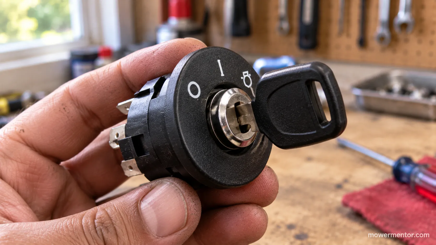 A universal Indak key installed and turned in a new Murray ignition switch