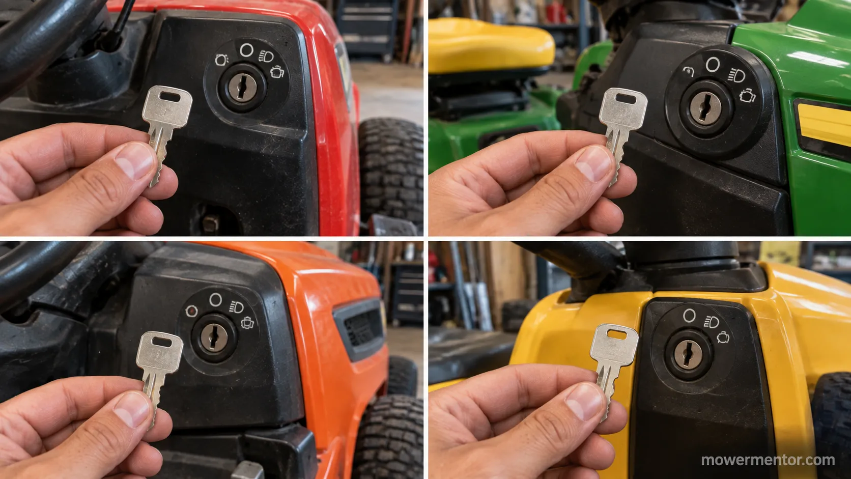 One universal riding mower key shown with four different brand mower ignitions.