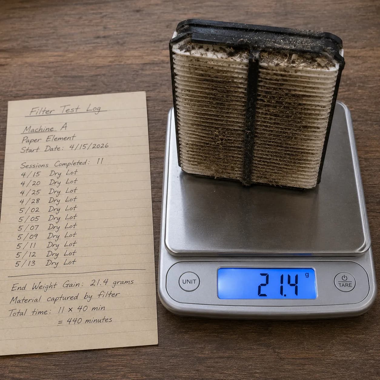 Used lawn mower paper air filter on a digital scale after 11 mowing sessions, showing 21.4 grams of captured dust and grit with a handwritten service log beside it.