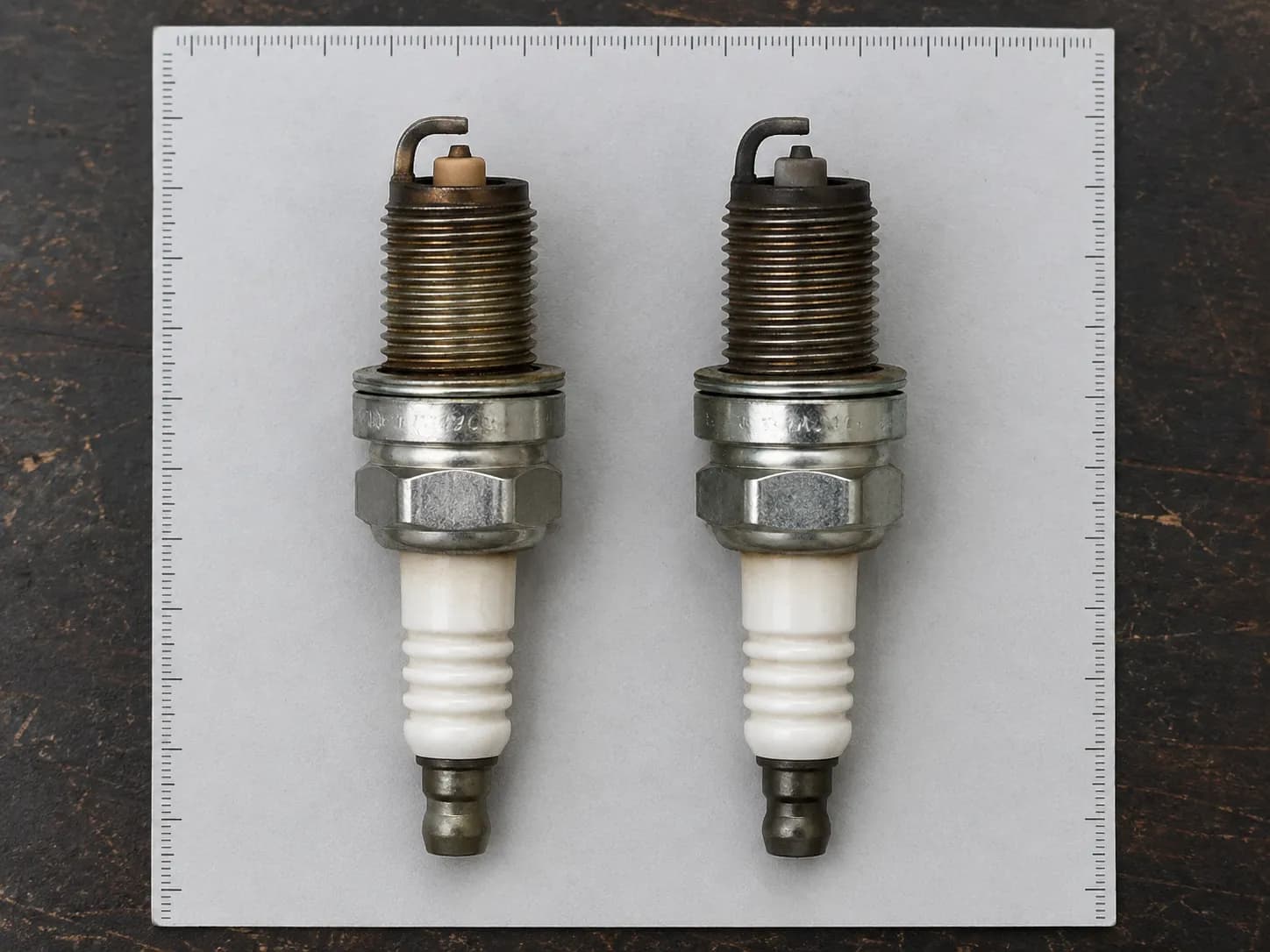 Top-down view of two used spark plugs on a grey card, showing a light tan electrode beside a darker grey-brown electrode for spark plug condition comparison and engine diagnostics.