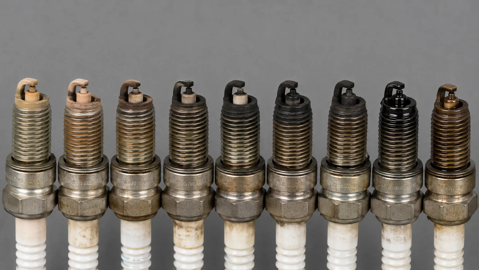 Nine used spark plug firing ends arranged in a row, showing electrode conditions from light tan deposits to heavy carbon buildup, wet fouling, and oil fouling for spark plug diagnosis comparison.