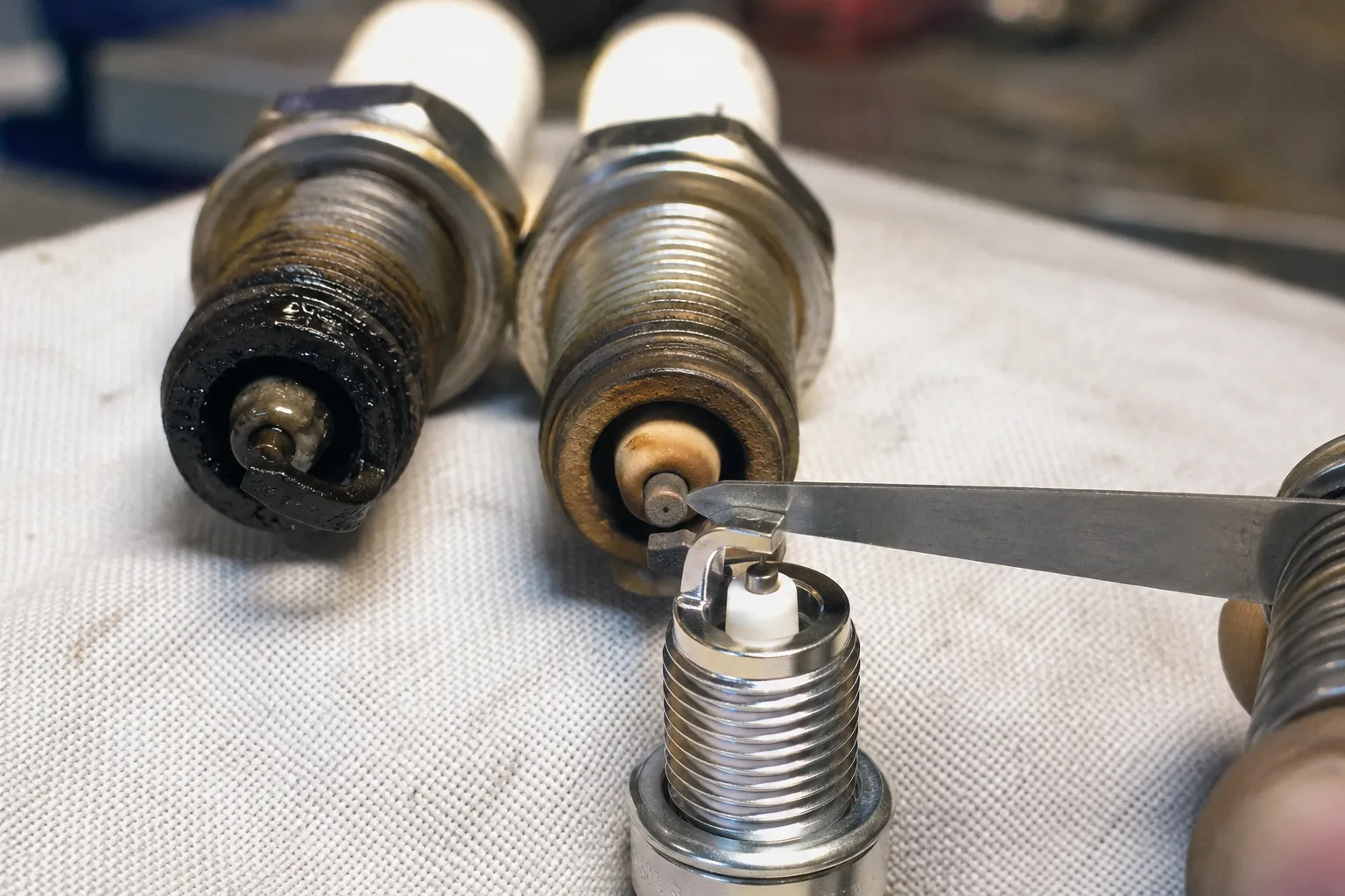 Close-up of a used sooty lawn mower spark plug beside a clean tan spark plug, with a feeler gauge checking the electrode gap on a new replacement spark plug.