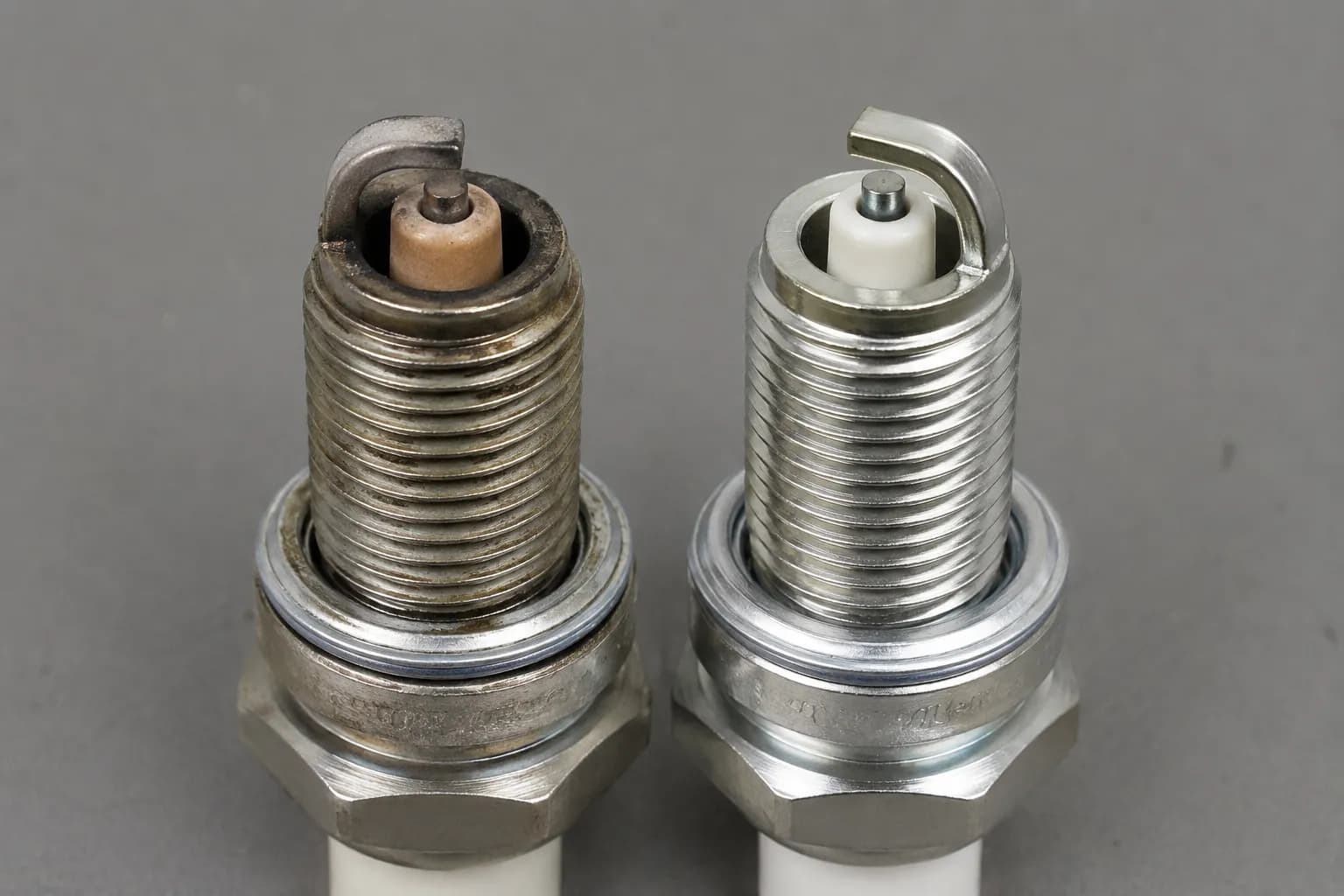 Side-by-side comparison of a lightly used lawn mower spark plug with a light tan tip next to a new spark plug, showing normal electrode wear and condition.