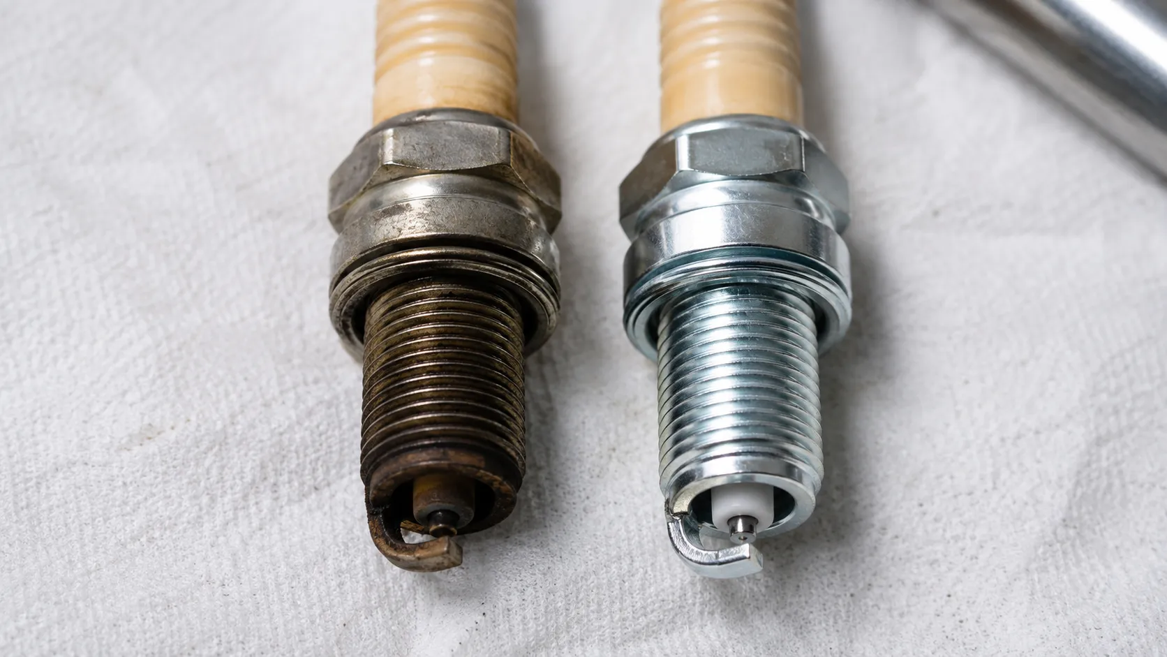 Used Toro spark plug with light carbon buildup beside a clean new NGK spark plug on a white shop towel, highlighting the difference in electrode condition before replacement.