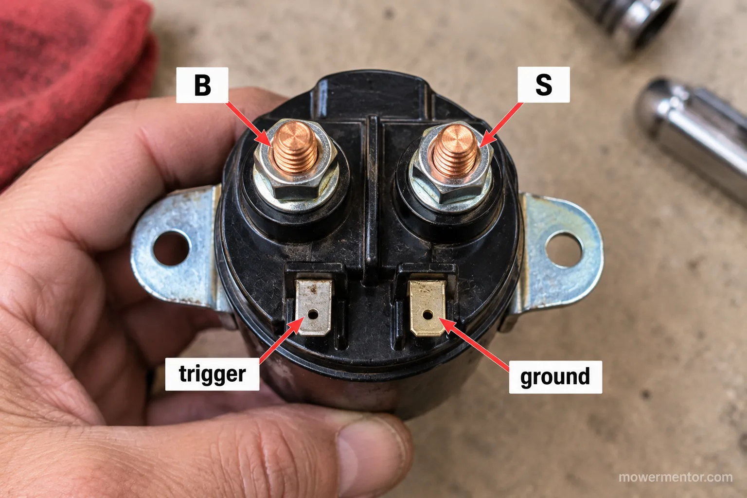 Husqvarna starter solenoid wiring diagram labeling the four terminals