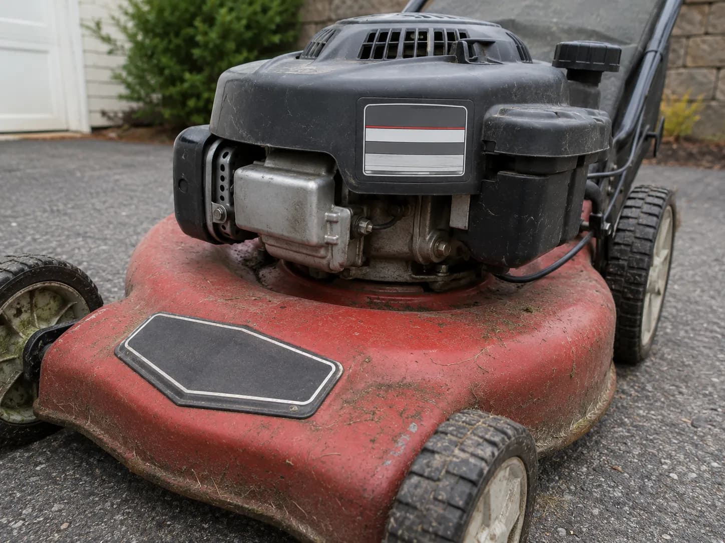 Walk-behind lawn mower showing the deck badge and engine specification decal together, illustrating why the deck brand does not determine the correct spark plug.