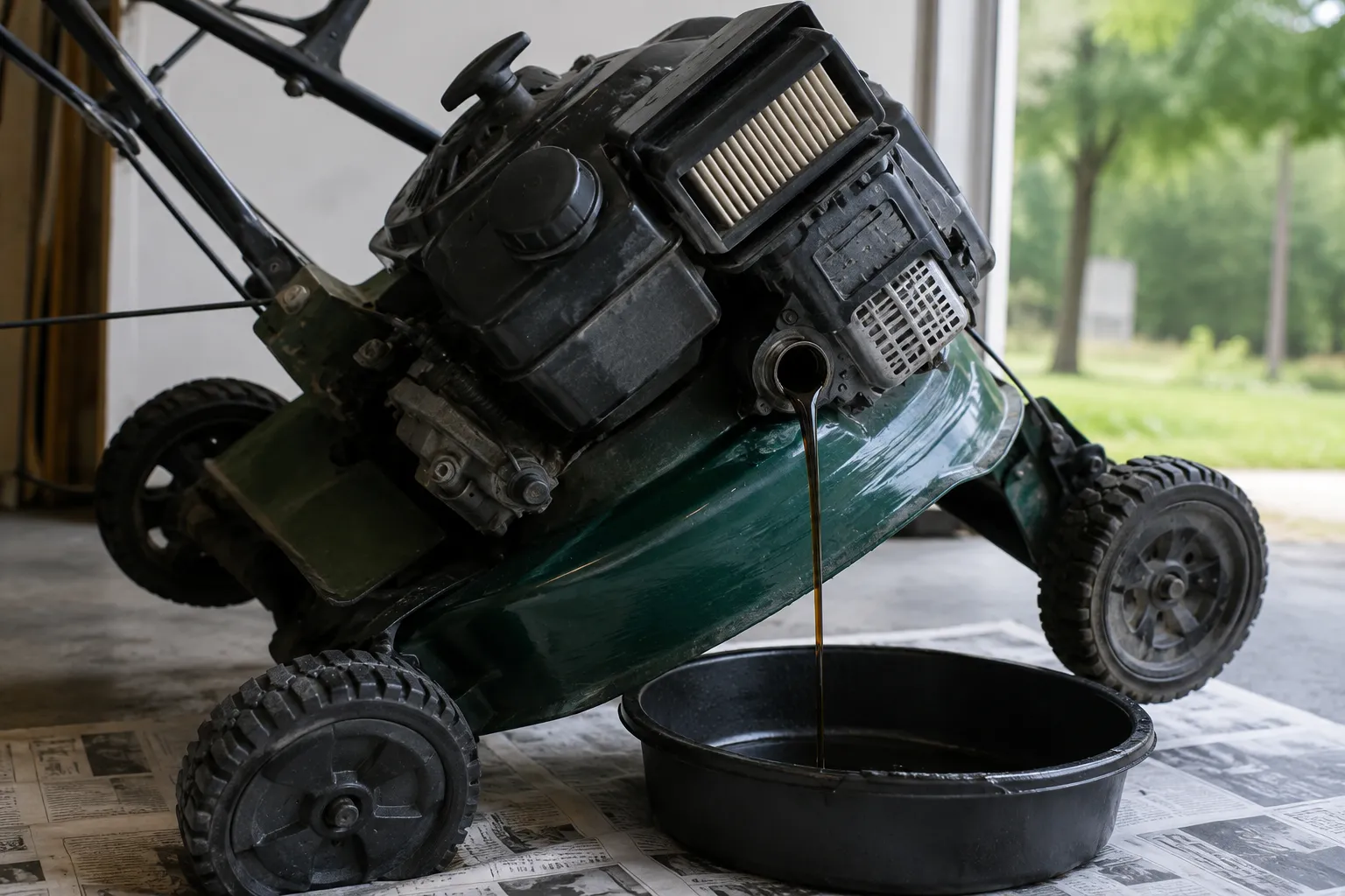 Walk-behind lawn mower tilted with the air-filter side up while used engine oil drains from the filler neck into a drain pan on newspaper in a garage.