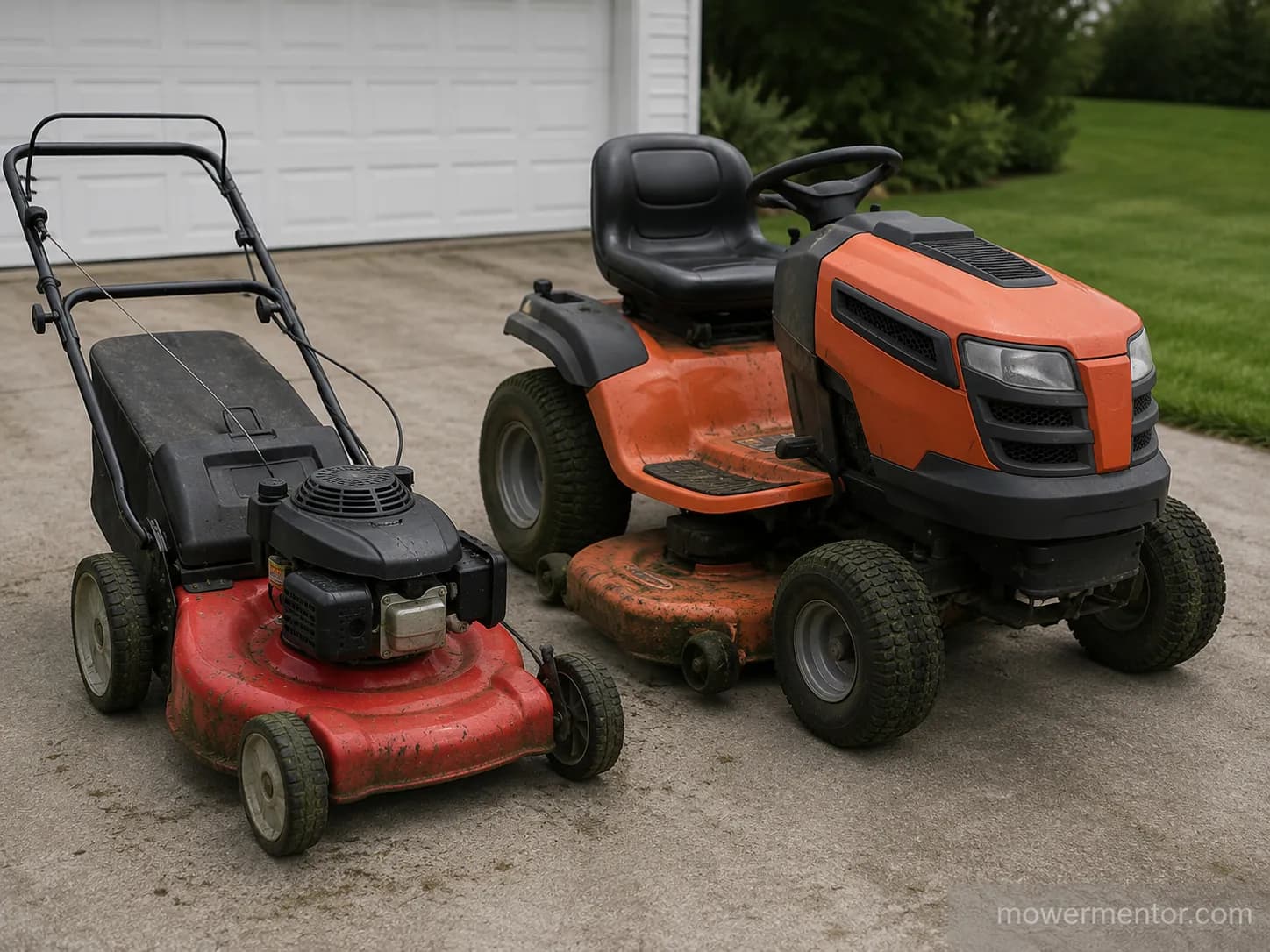 Red walk-behind mower and orange riding lawn mower parked side by side on a driveway, representing the two mower types used for price comparisons.