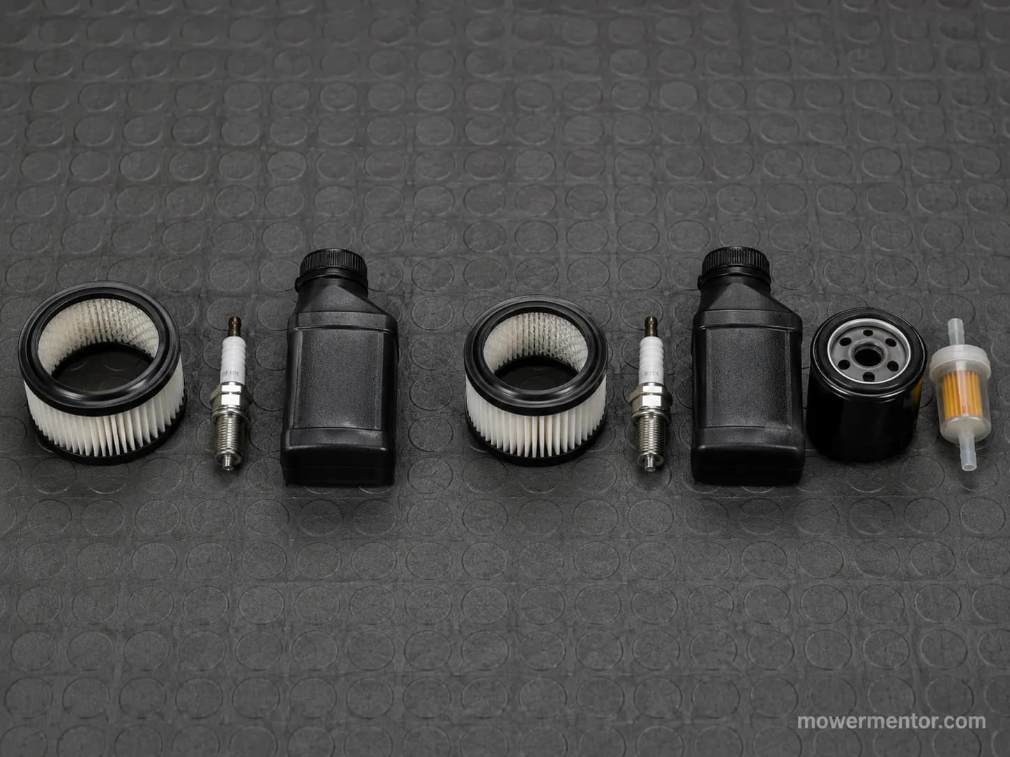 Walk-behind and riding mower tune-up parts compared side by side, including air filters, spark plugs, engine oil, oil filter and fuel filter.