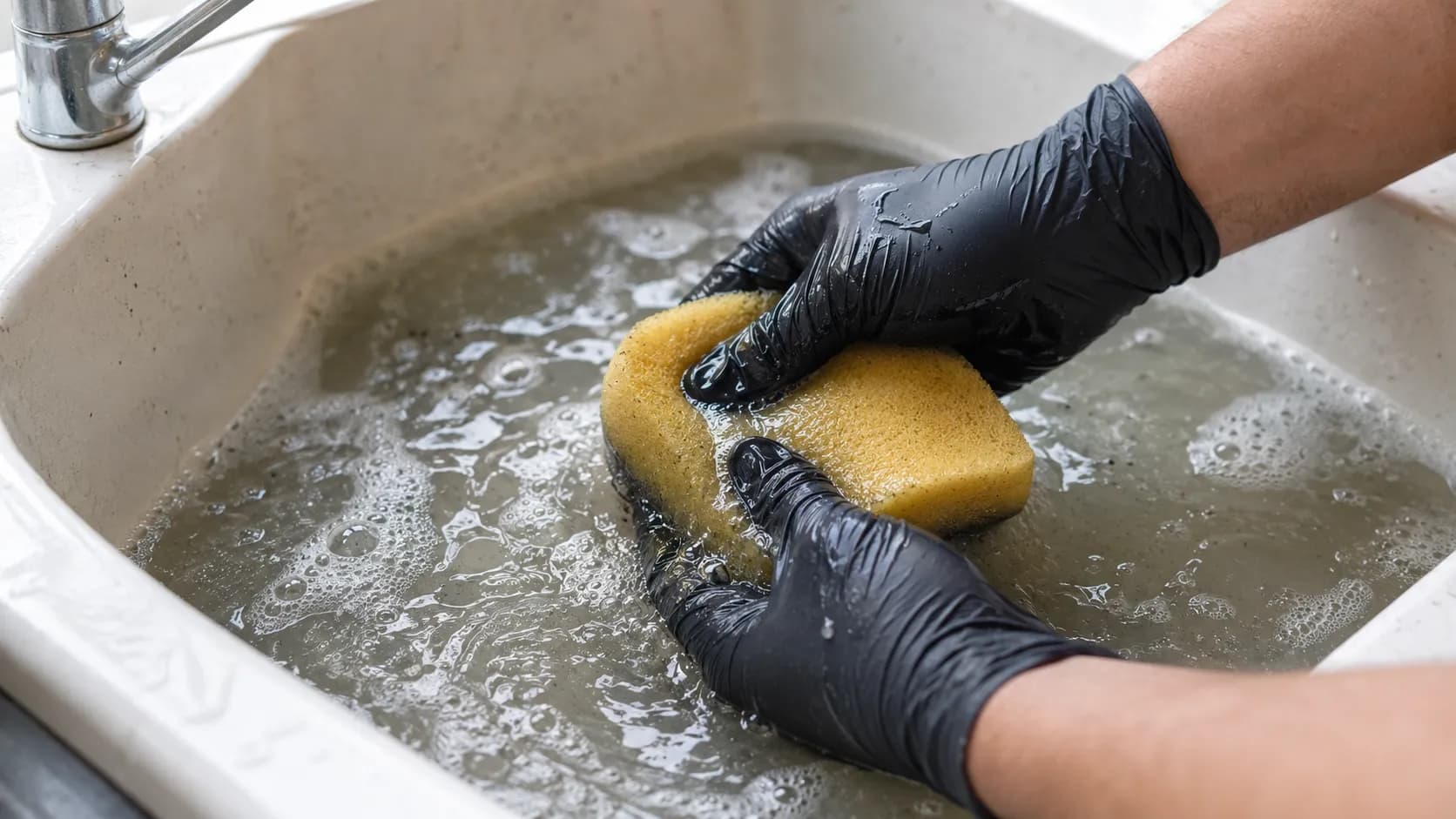 Gloved hands gently compressing a yellow foam lawn mower air filter under warm soapy water in a utility sink, releasing dirt without scrubbing to prevent damage during cleaning.