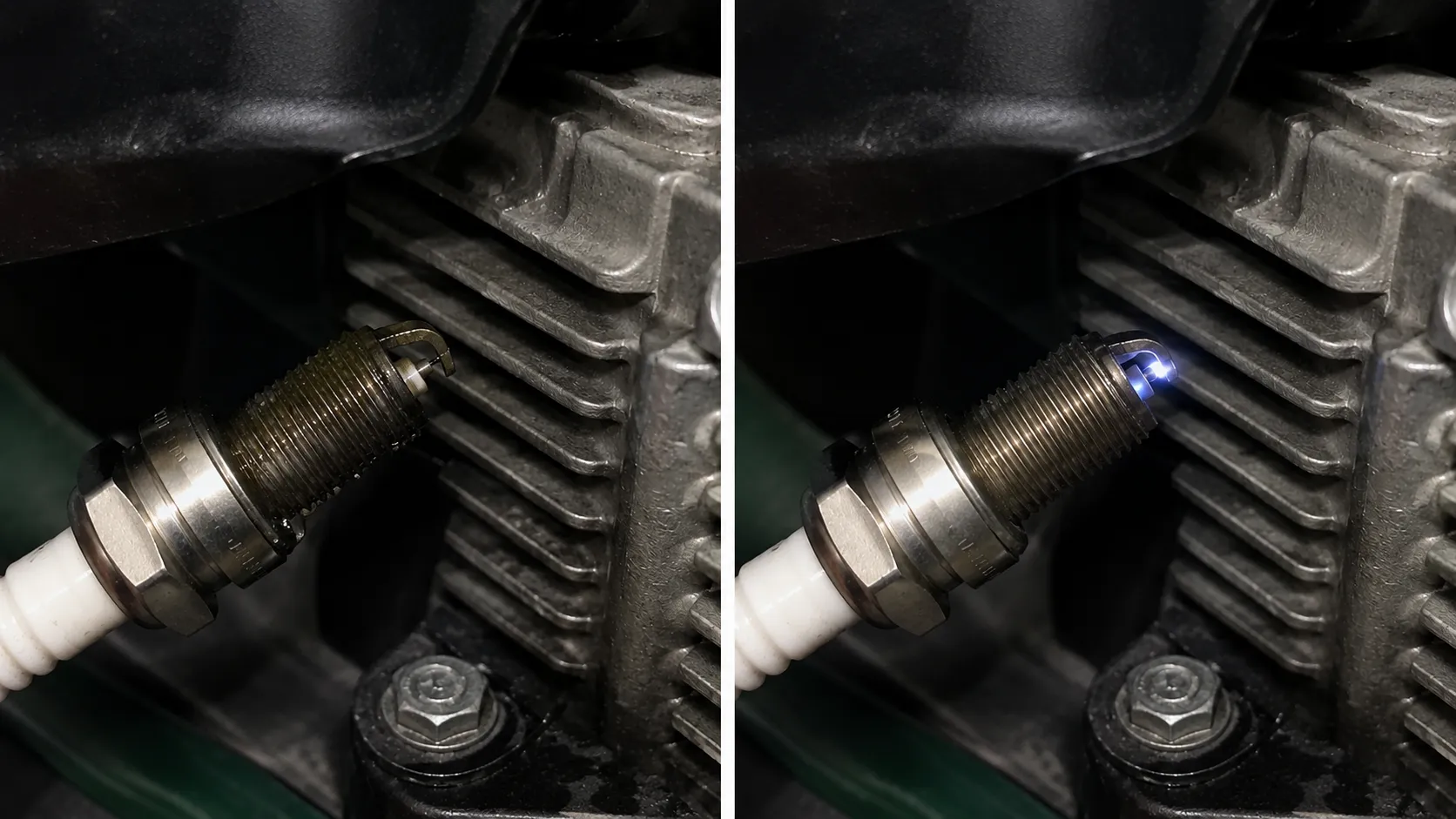 Side-by-side comparison of the same spark plug wet with fuel and dry, showing no spark when wet and a bright blue ignition spark after drying.