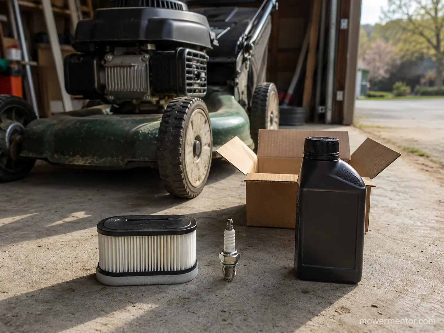 Three lawn mower maintenance parts including an air filter, spark plug and engine oil arranged beside a walk-behind mower, illustrating what $18.02 buys.