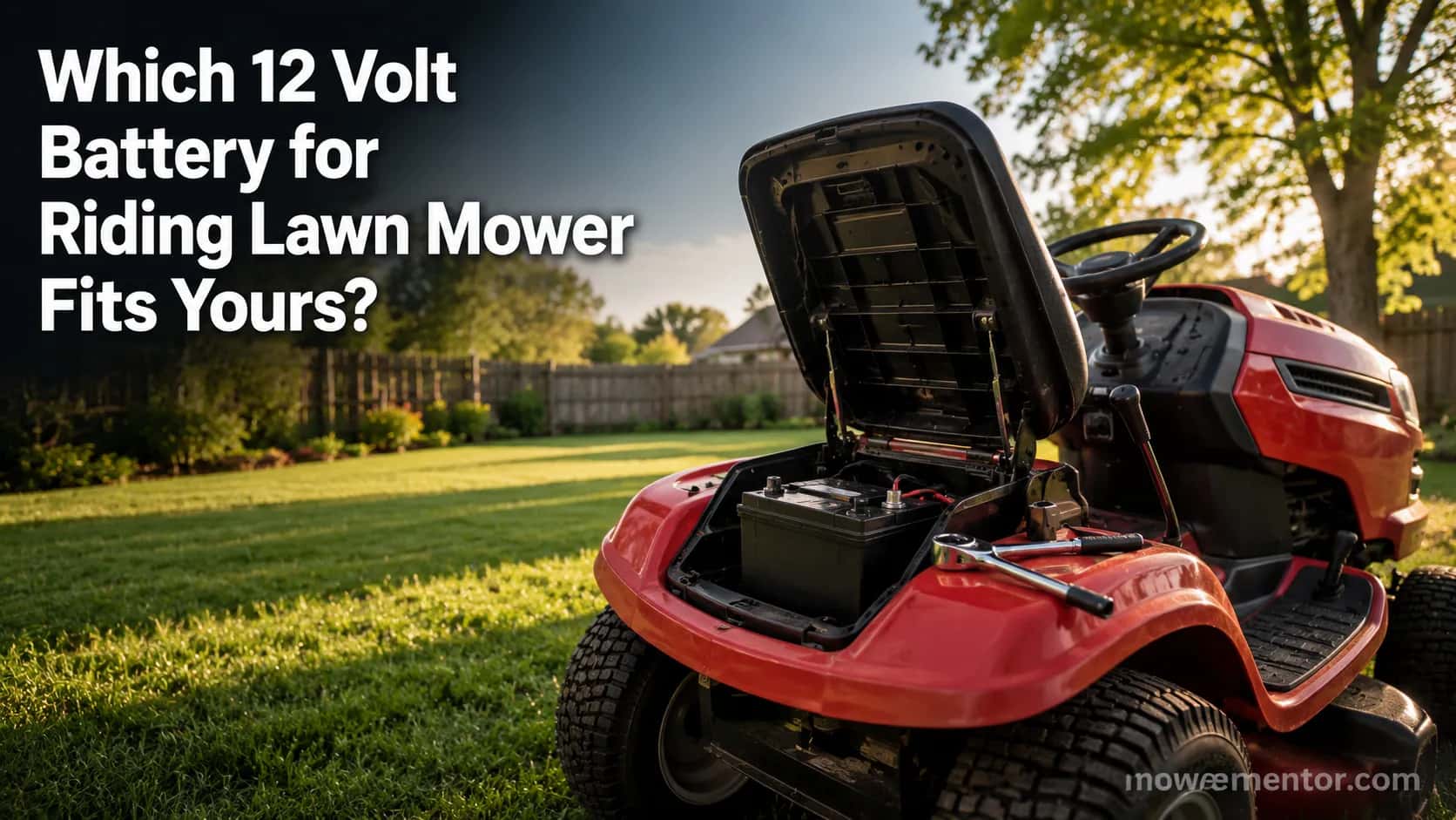 Riding lawn mower with its 12 volt Group U1 battery exposed in spring light.