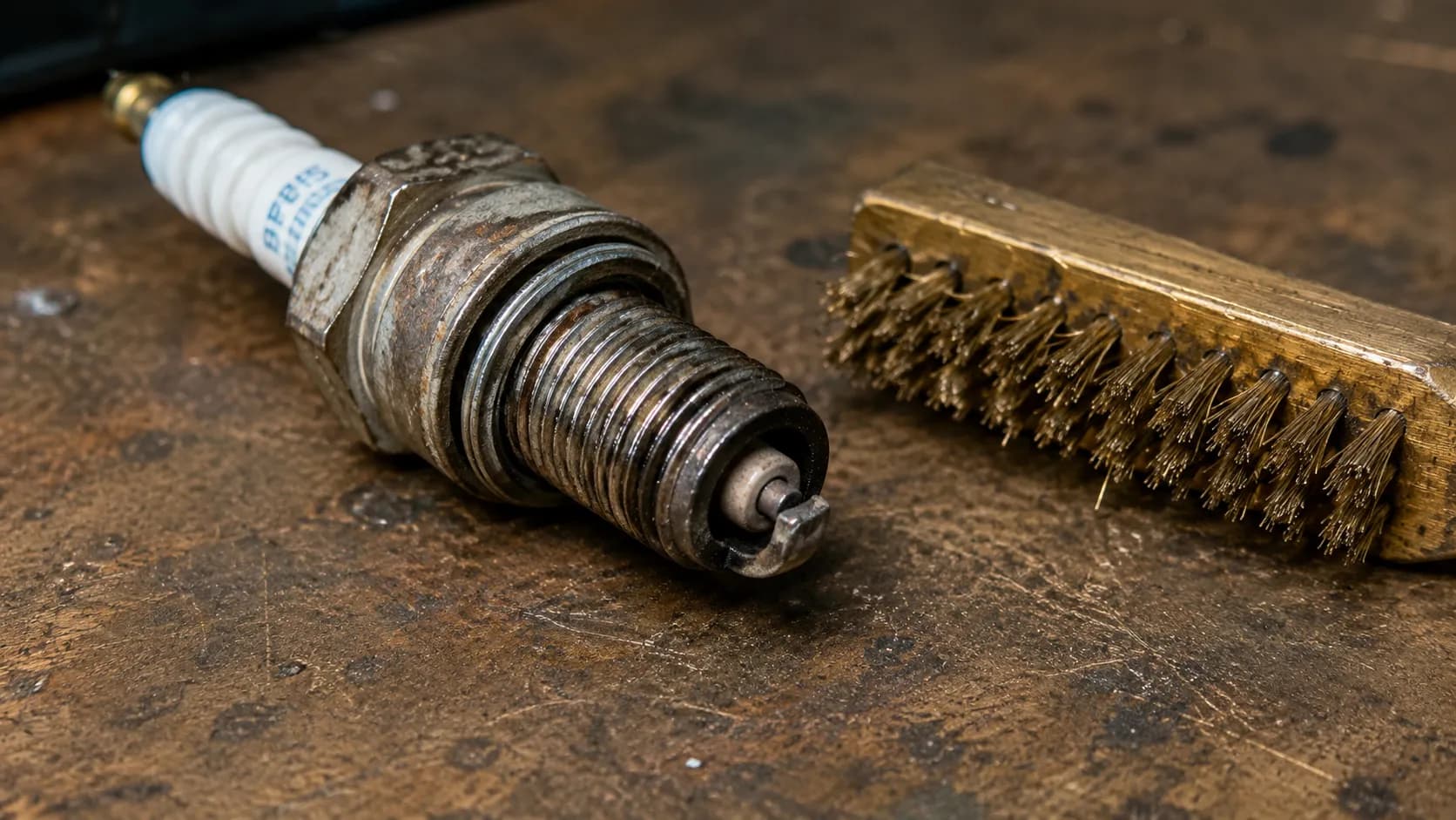 Wire-brushed used spark plug resting on a workbench beside a brass wire brush, showing a partially cleaned electrode after maintenance before it quickly became fouled again.