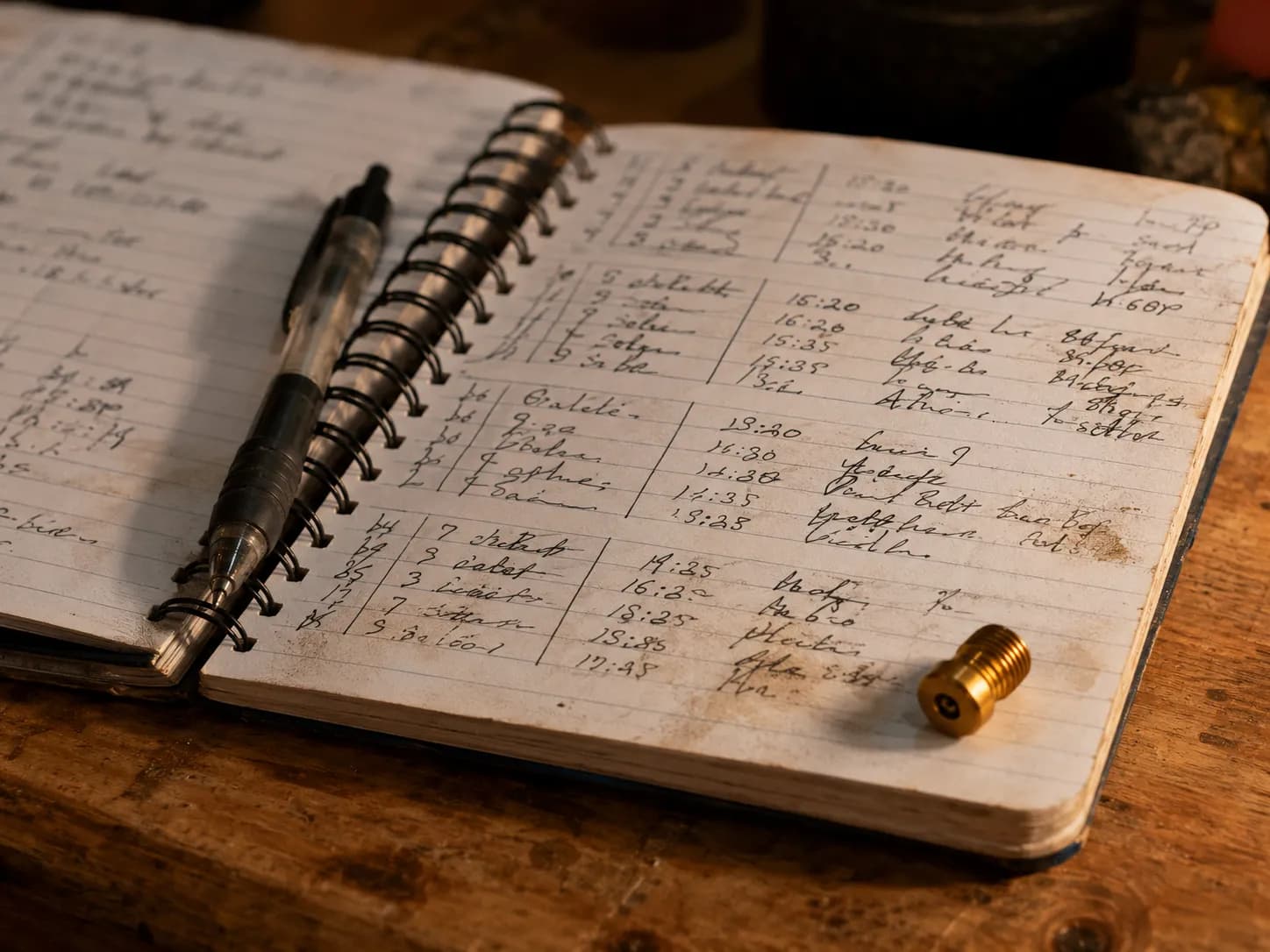 Workshop bench log from March 14–16, 2026, with a varnished brass carburetor main jet resting on a spiral-bound notebook, handwritten maintenance notes, and a pen on a wooden workbench.