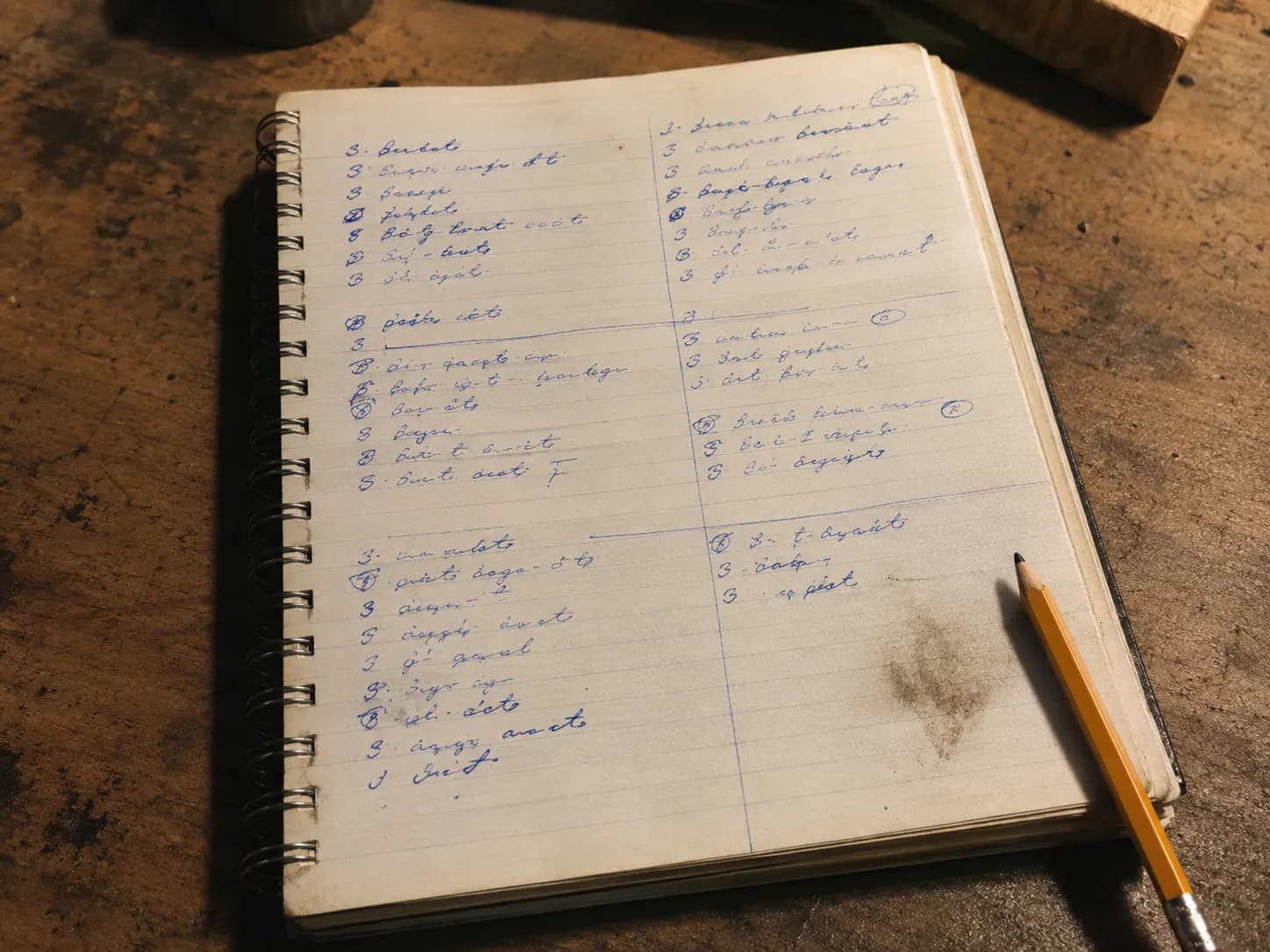 Open spiral workshop notebook on a workbench with handwritten job notes, pencil and light oil smudge, representing questions recorded during five swaps.