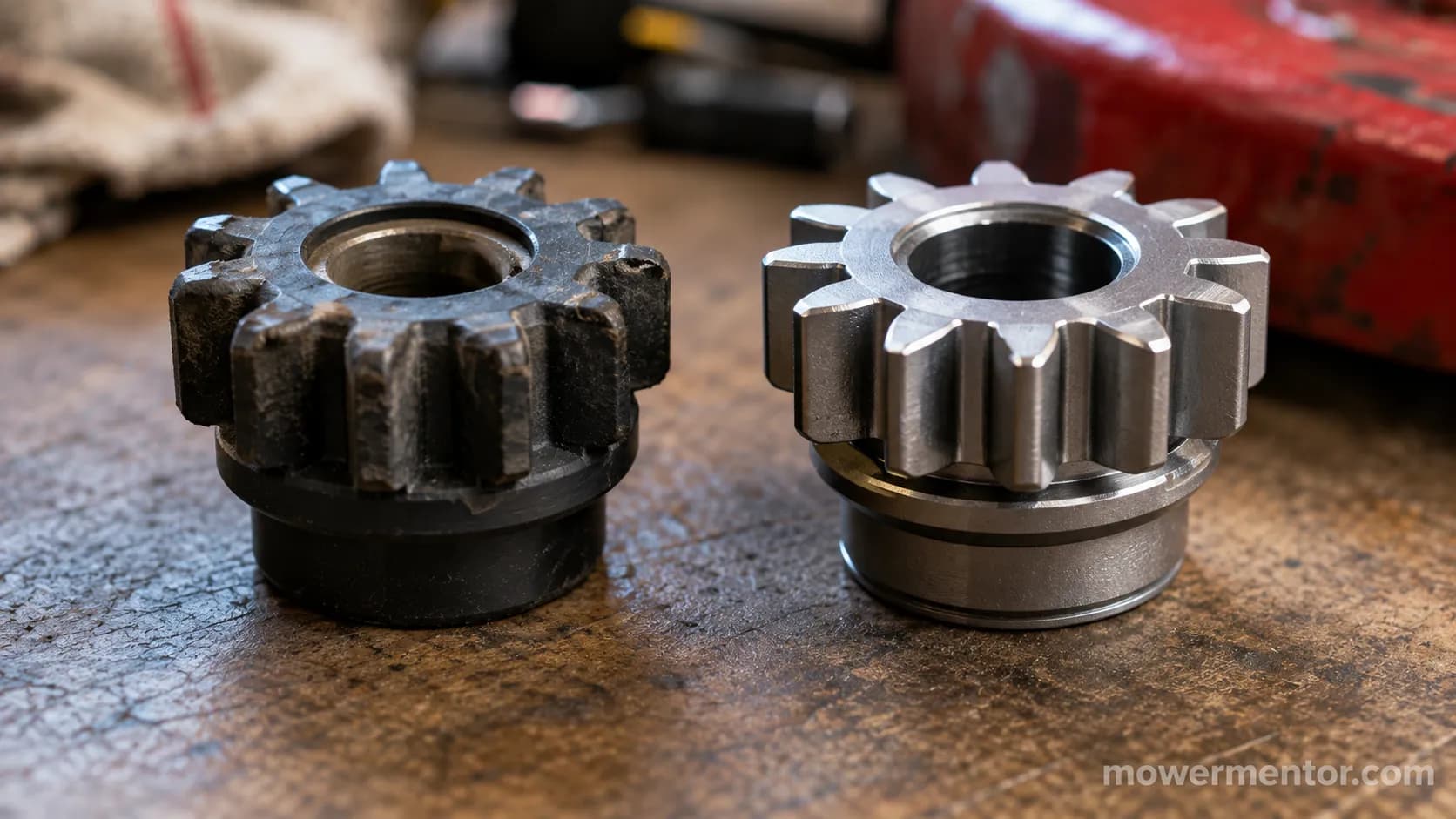 Worn plastic Craftsman starter pinion gear beside a new metal gear.