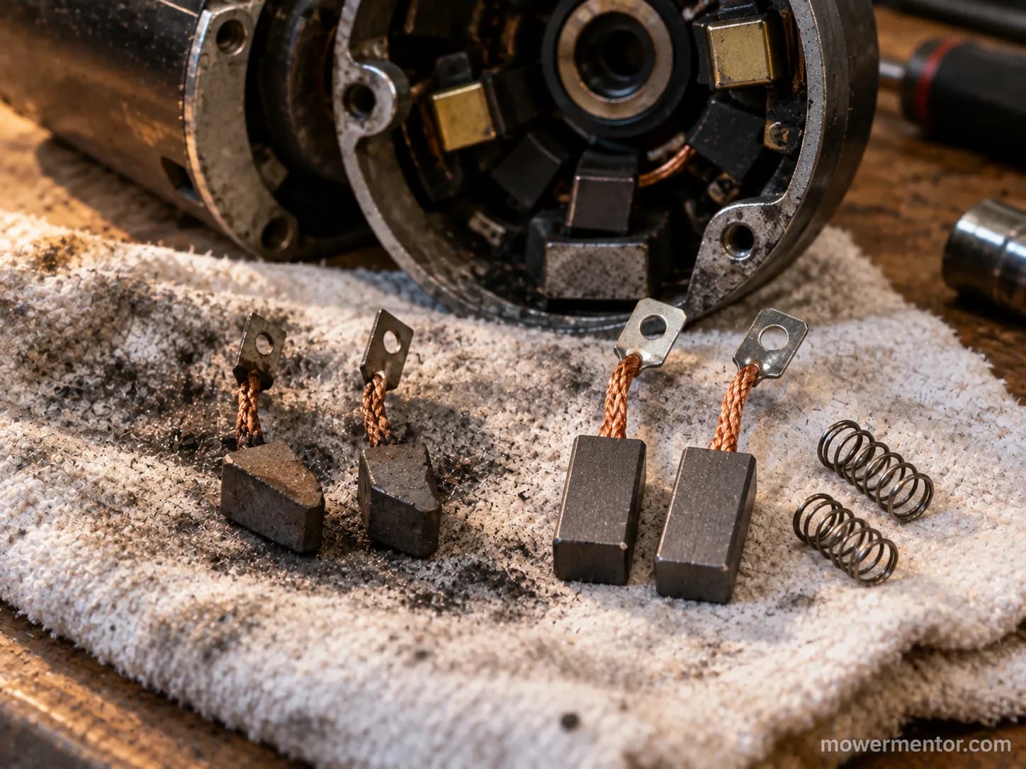 Worn versus new brushes in a rebuilt lawn mower starter motor